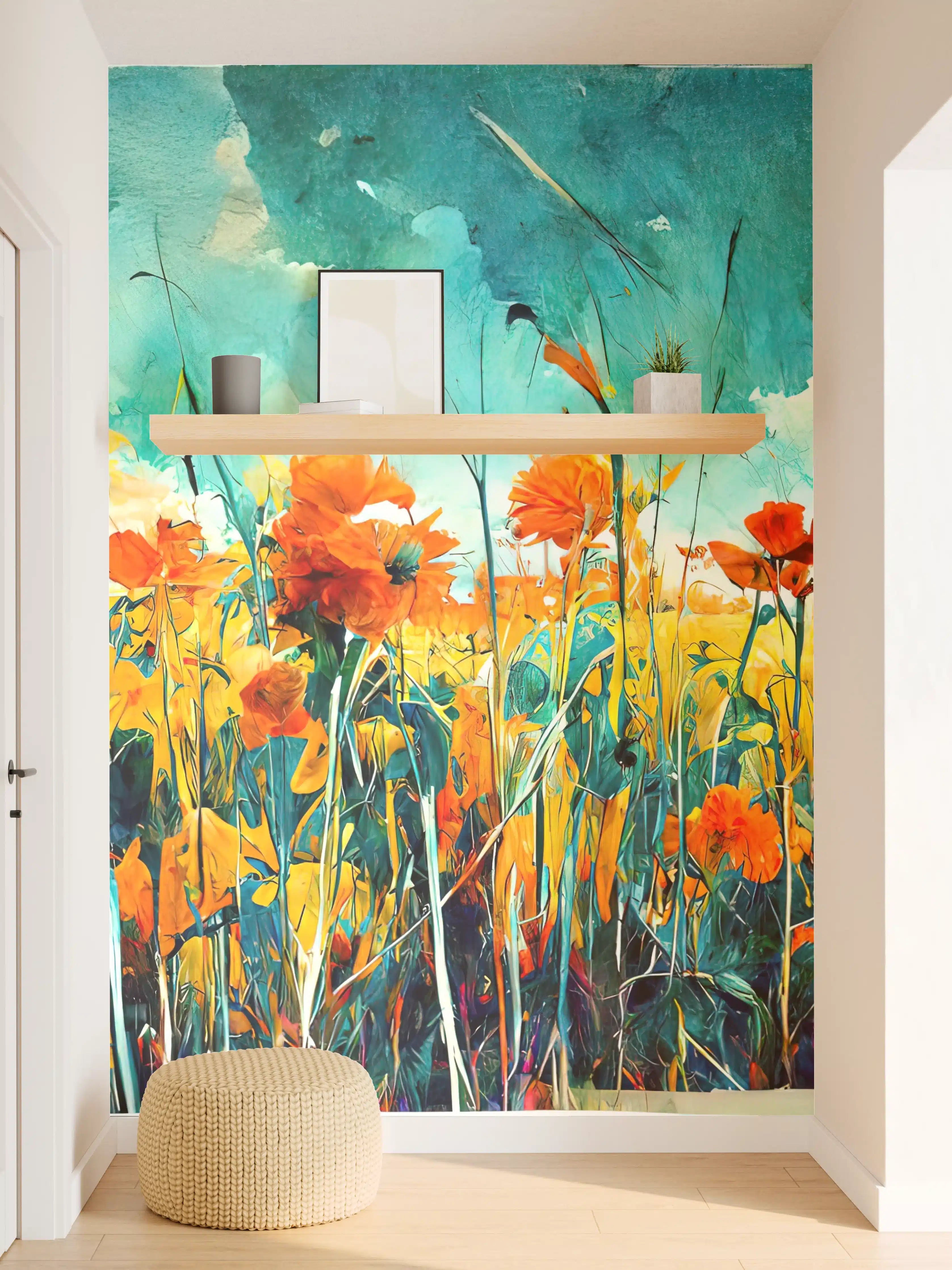 Wandverkleidung Flur - Vibratives Blumenfeld in Gelb und Orange