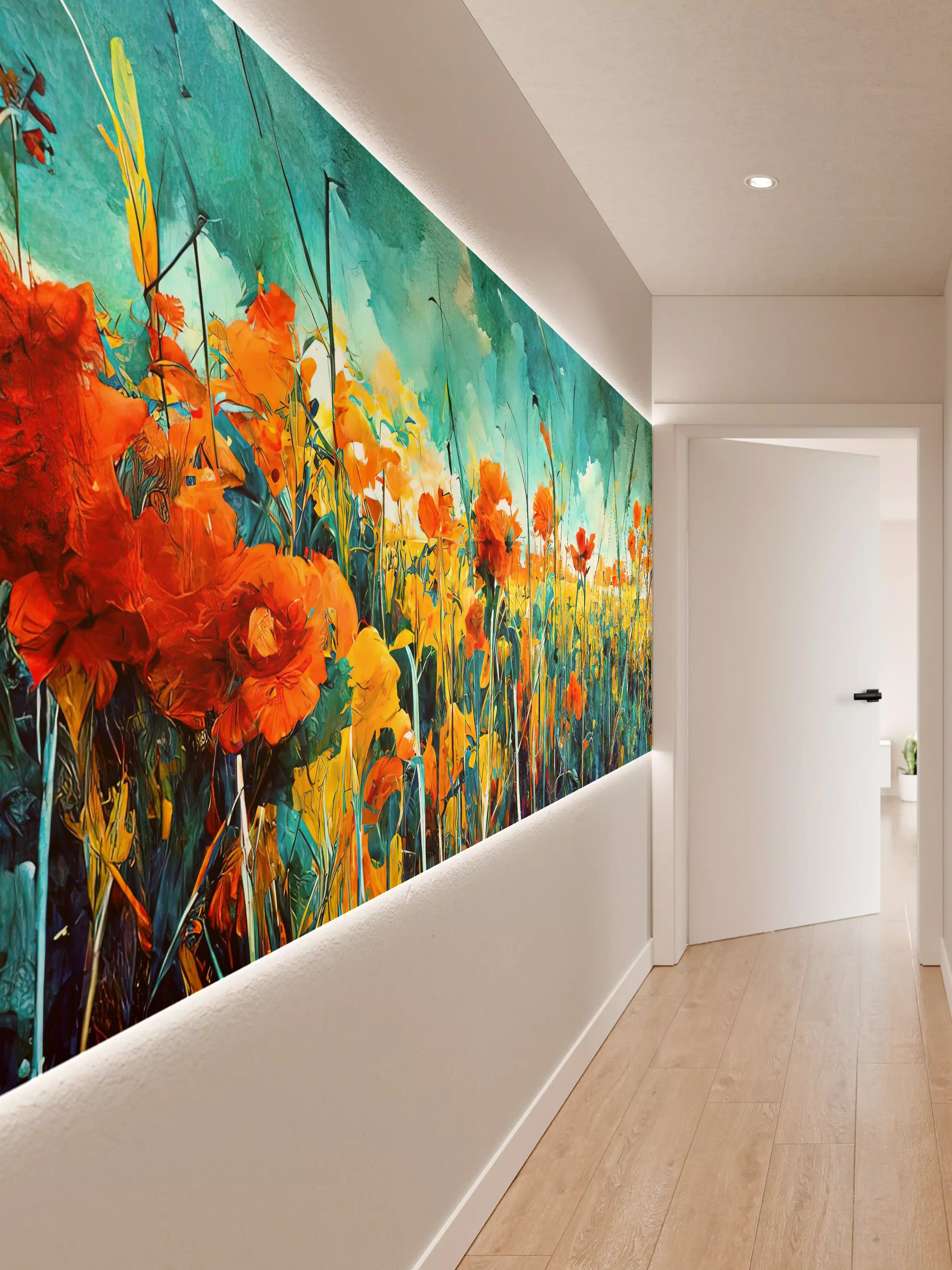 Wandverkleidung Flur - Vibratives Blumenfeld in Gelb und Orange