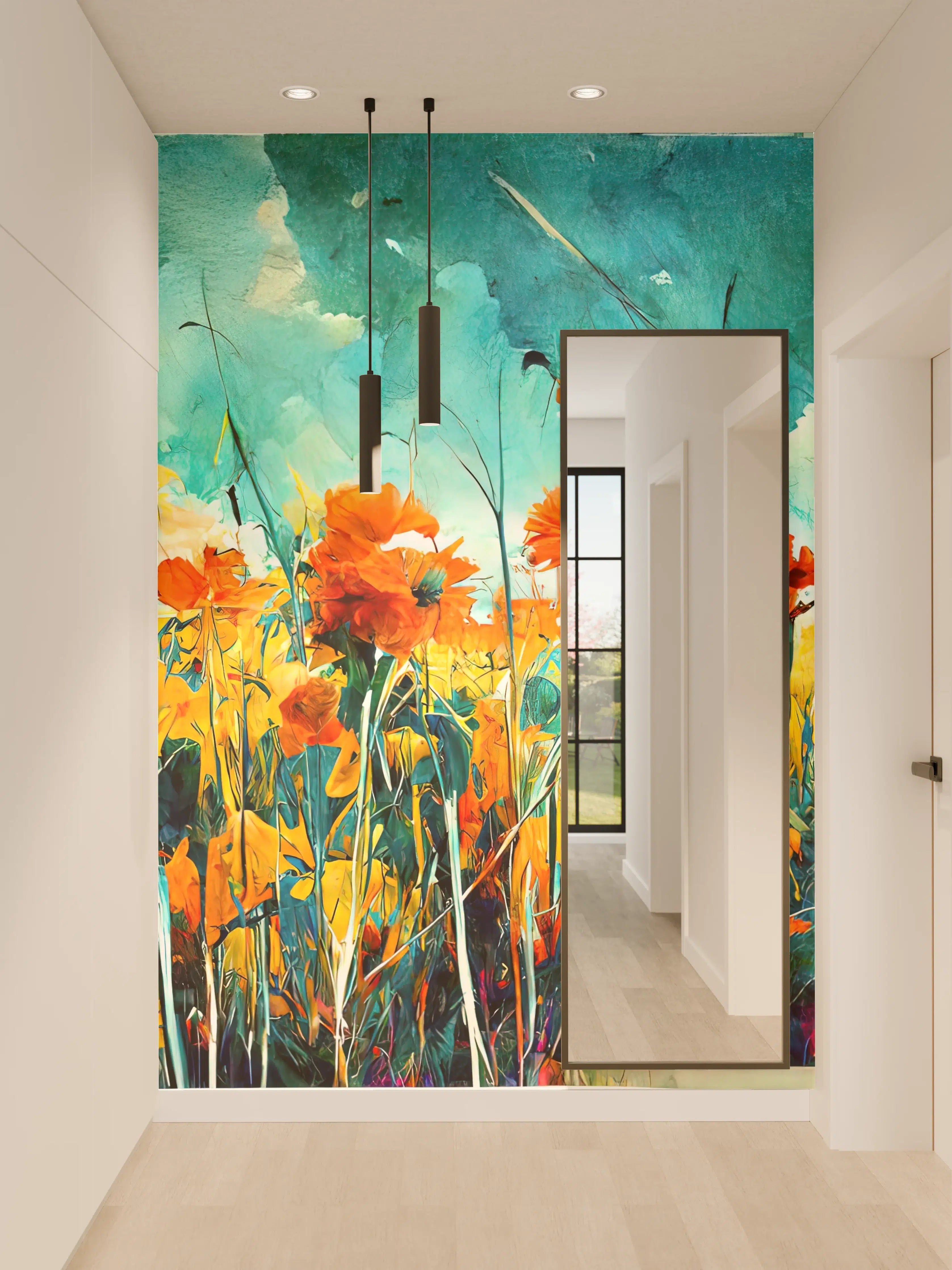 Wandverkleidung Flur - Vibratives Blumenfeld in Gelb und Orange