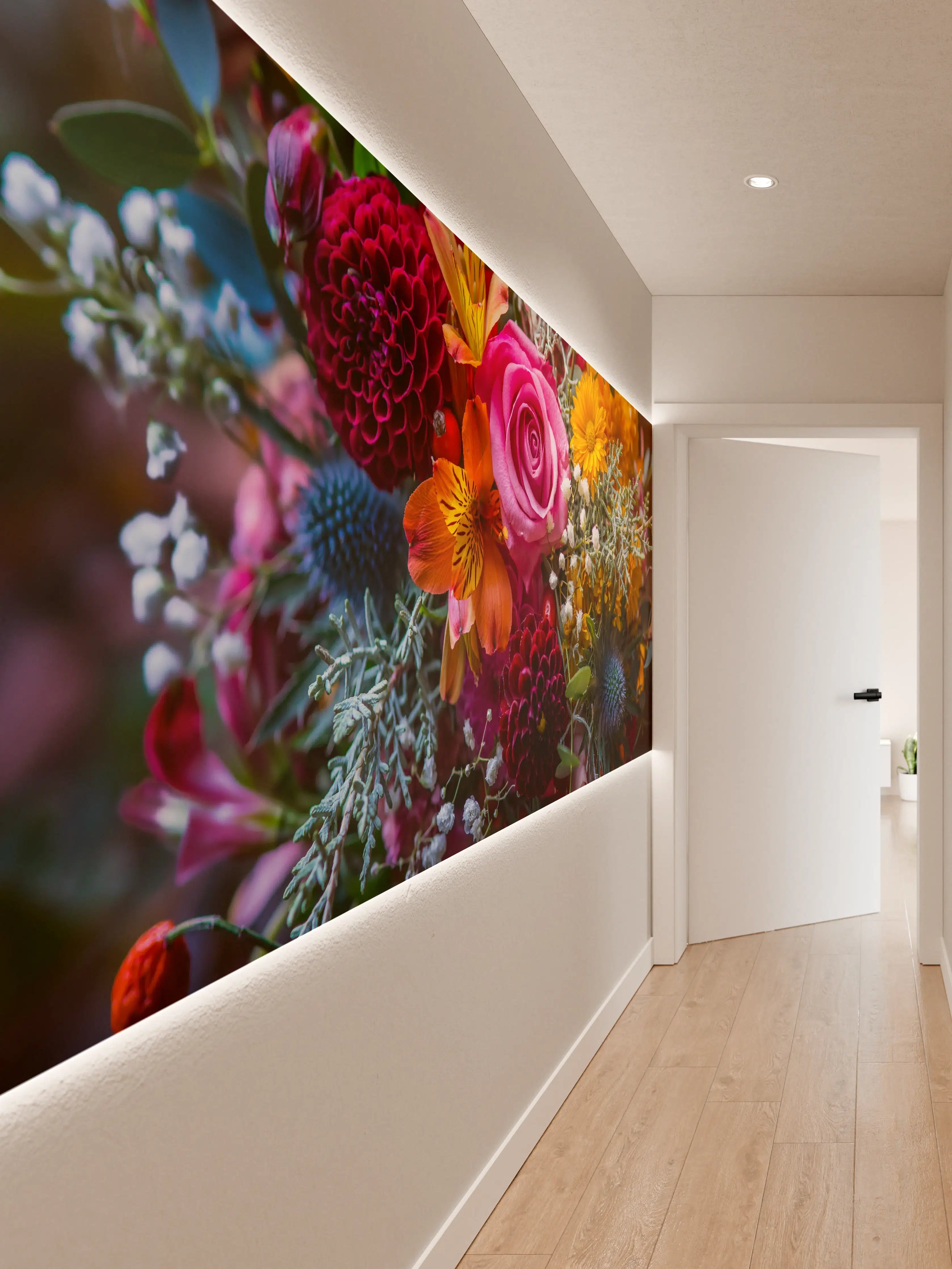 Wandverkleidung Flur - Vielseitiger Blütenmix in sanften Grautönen