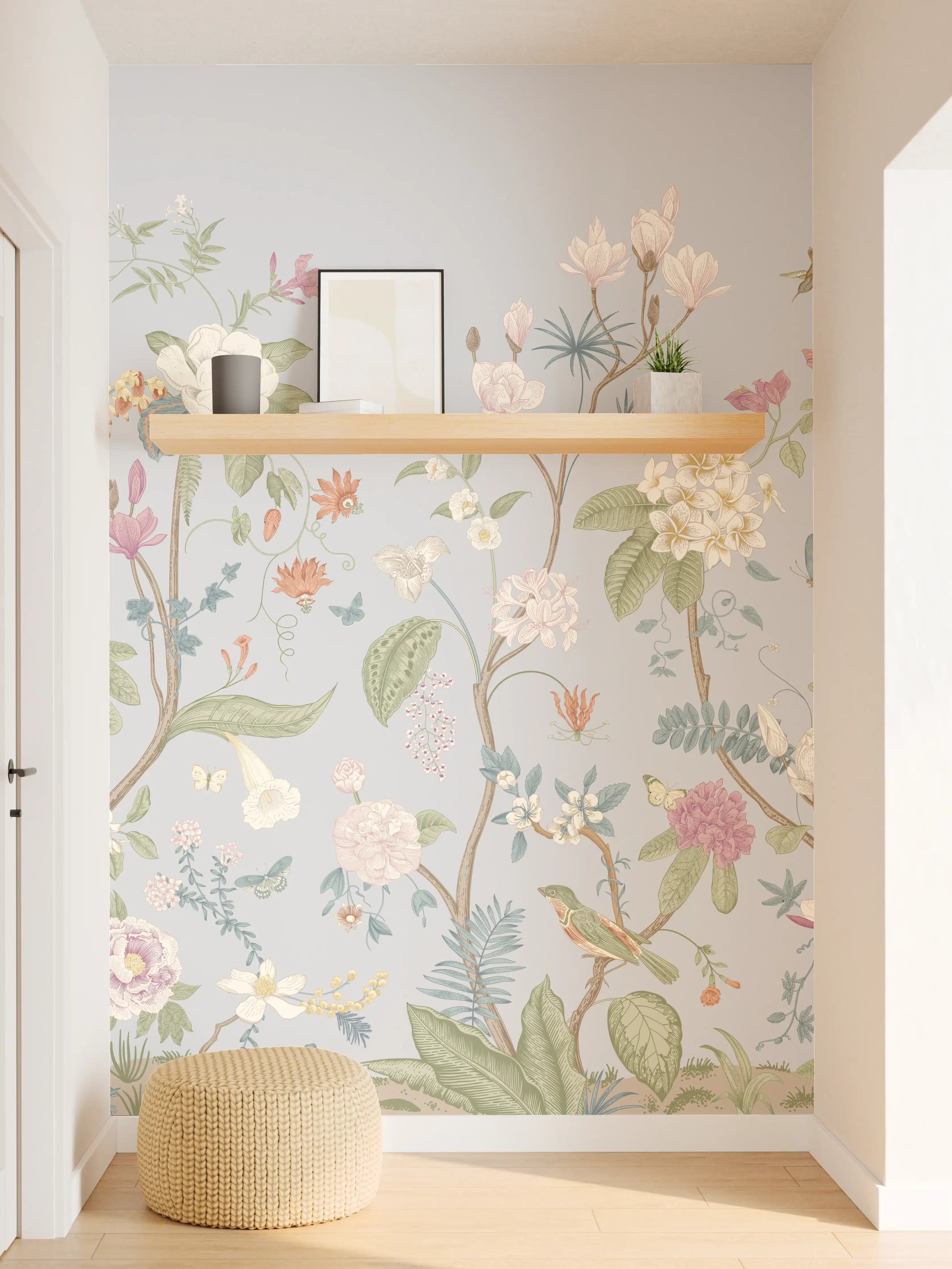 Wandverkleidung Flur - Vintage Bloom Blumenbordüre Grau-Rosa