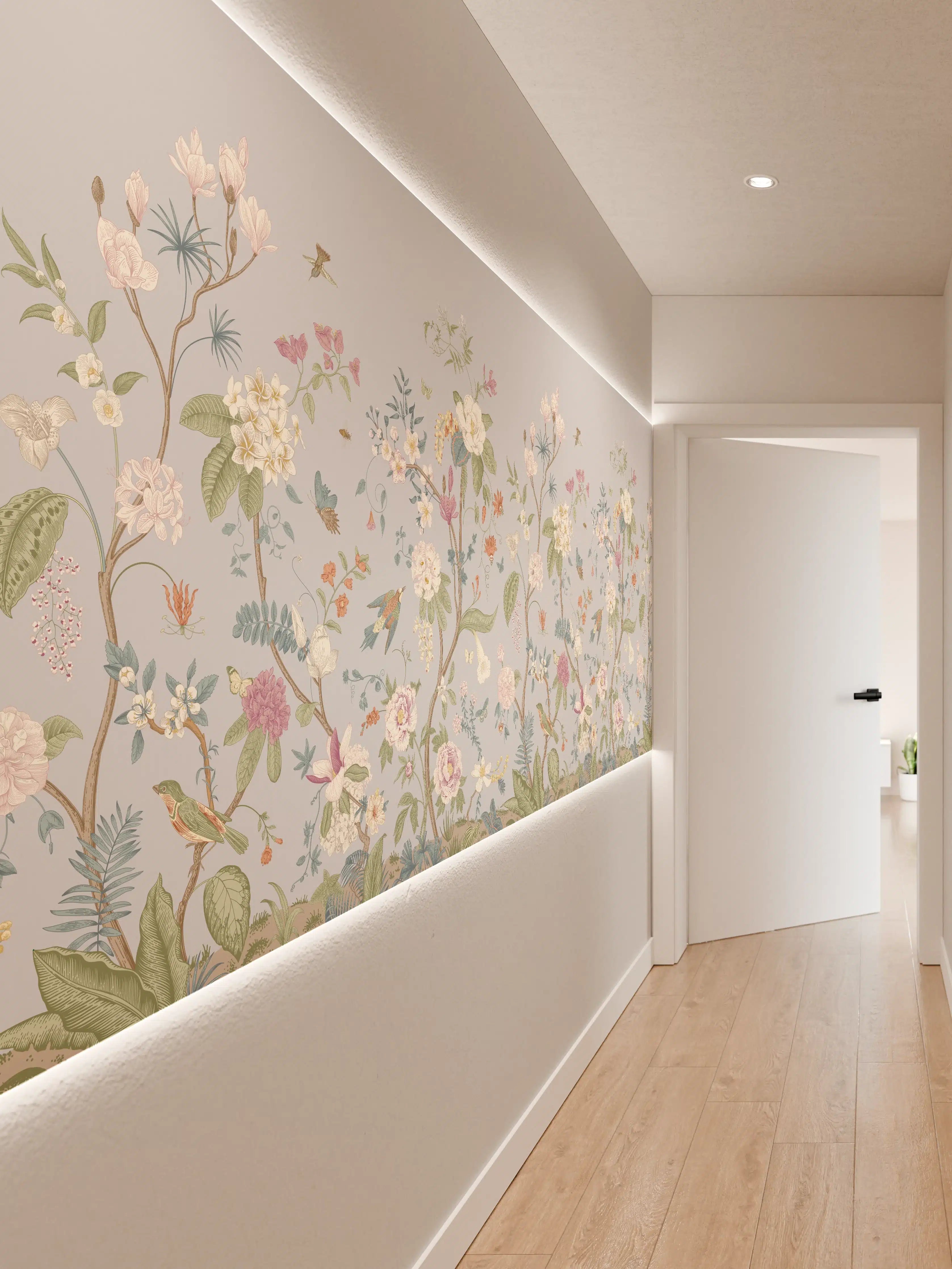 Wandverkleidung Flur - Vintage Bloom Blumenbordüre Grau-Rosa