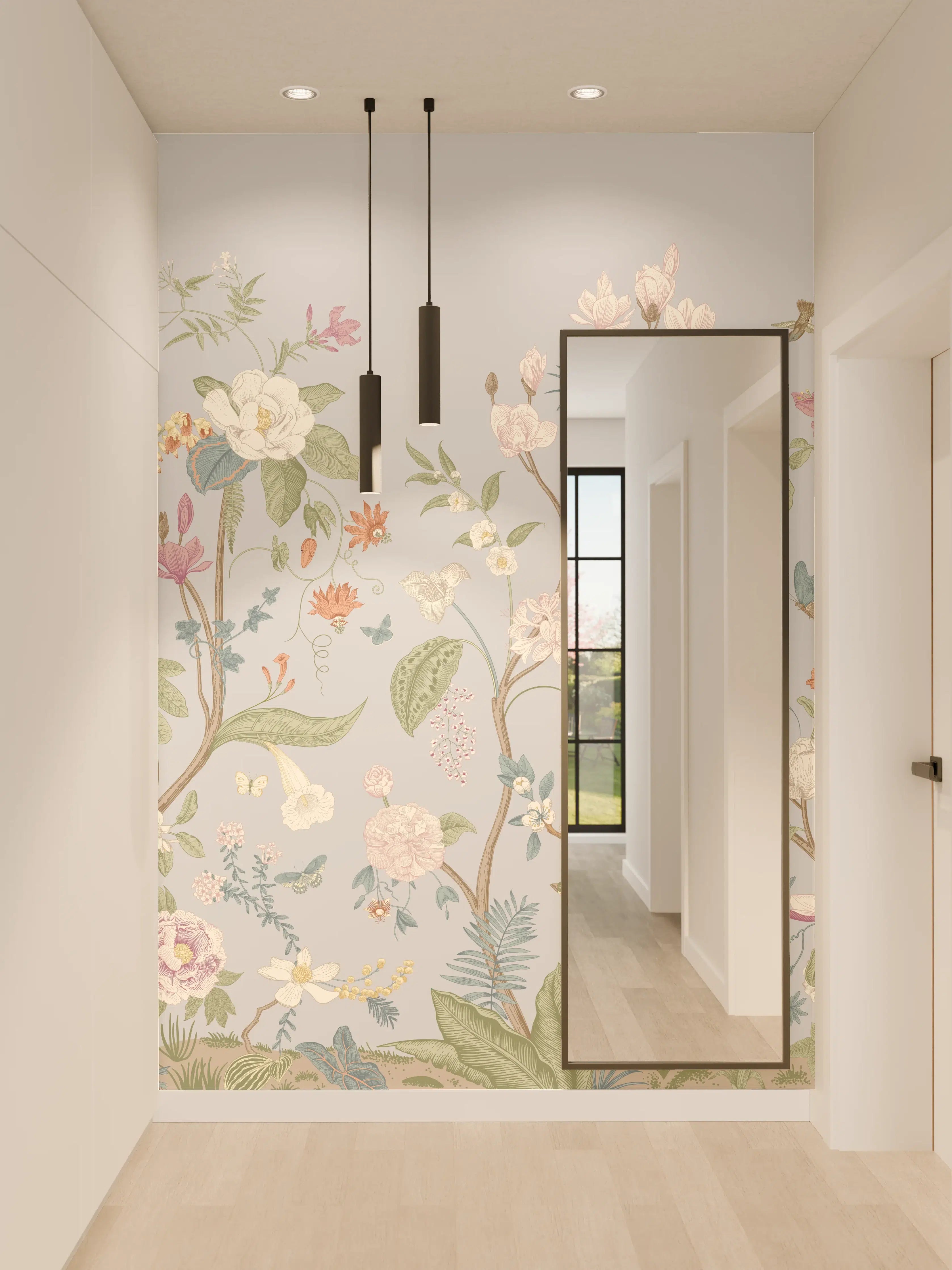 Wandverkleidung Flur - Vintage Bloom Blumenbordüre Grau-Rosa