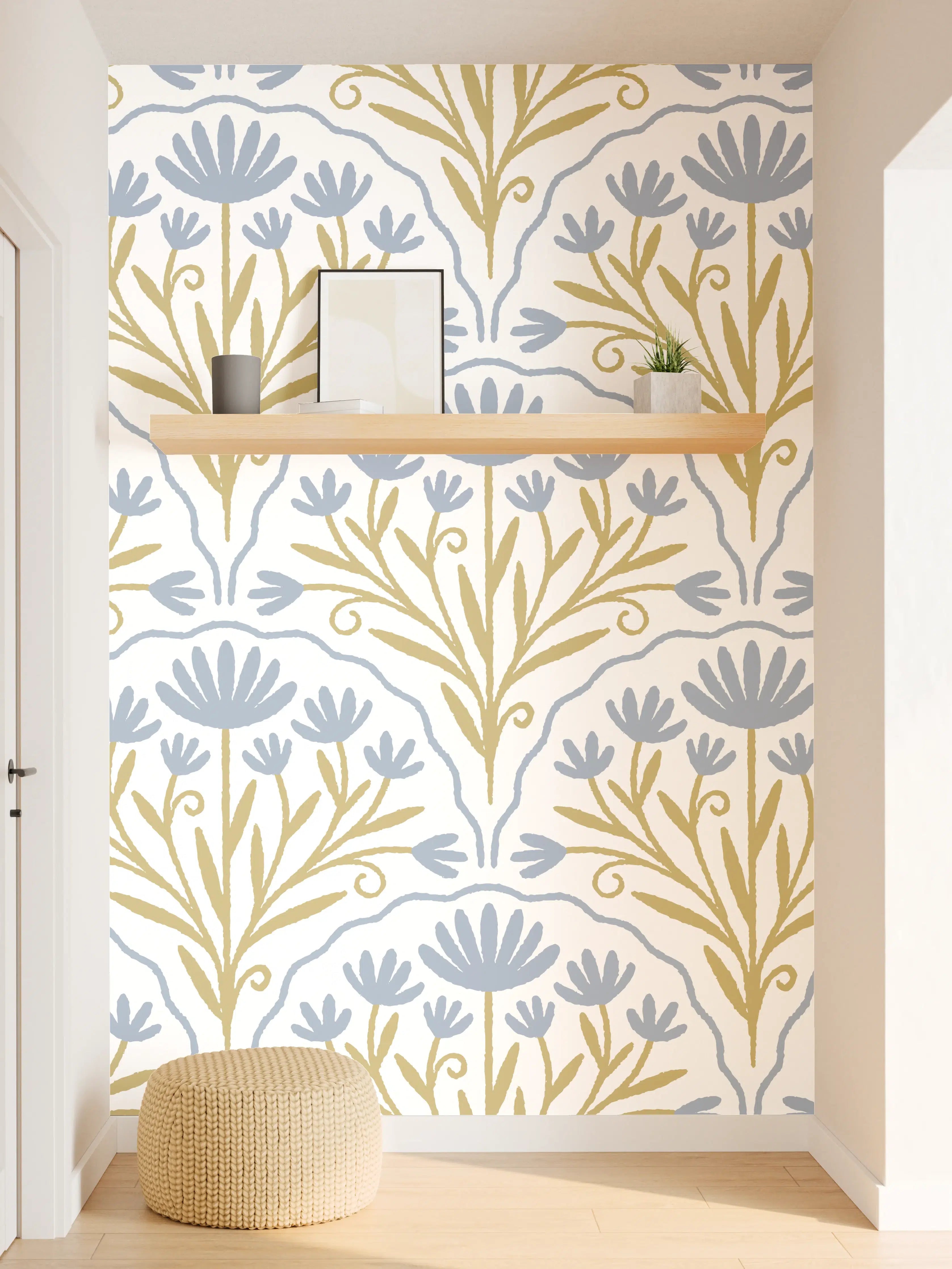 Wandverkleidung Flur - Vintage Bloom Tapete Blau-Weiß