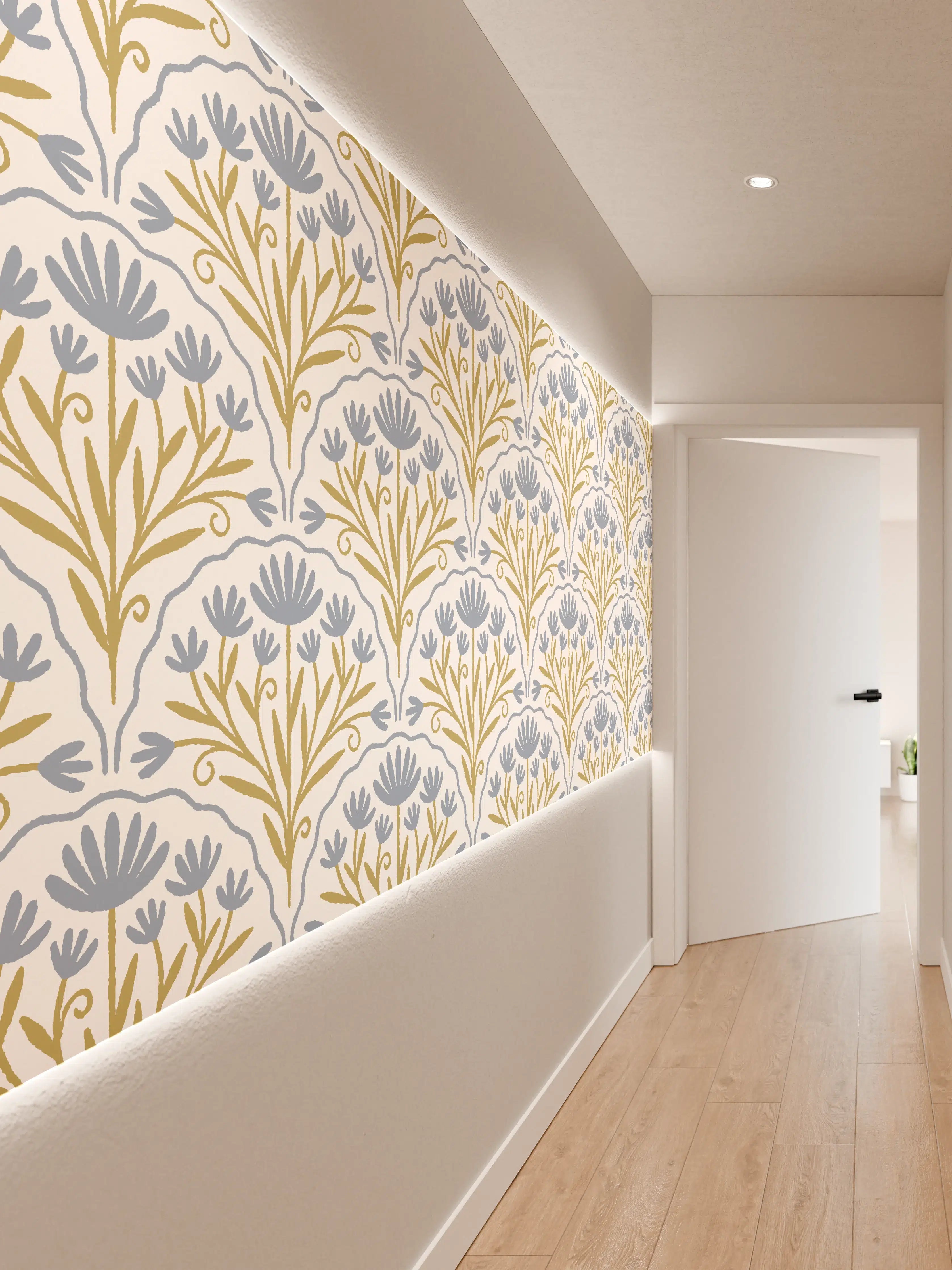 Wandverkleidung Flur - Vintage Bloom Tapete Blau-Weiß