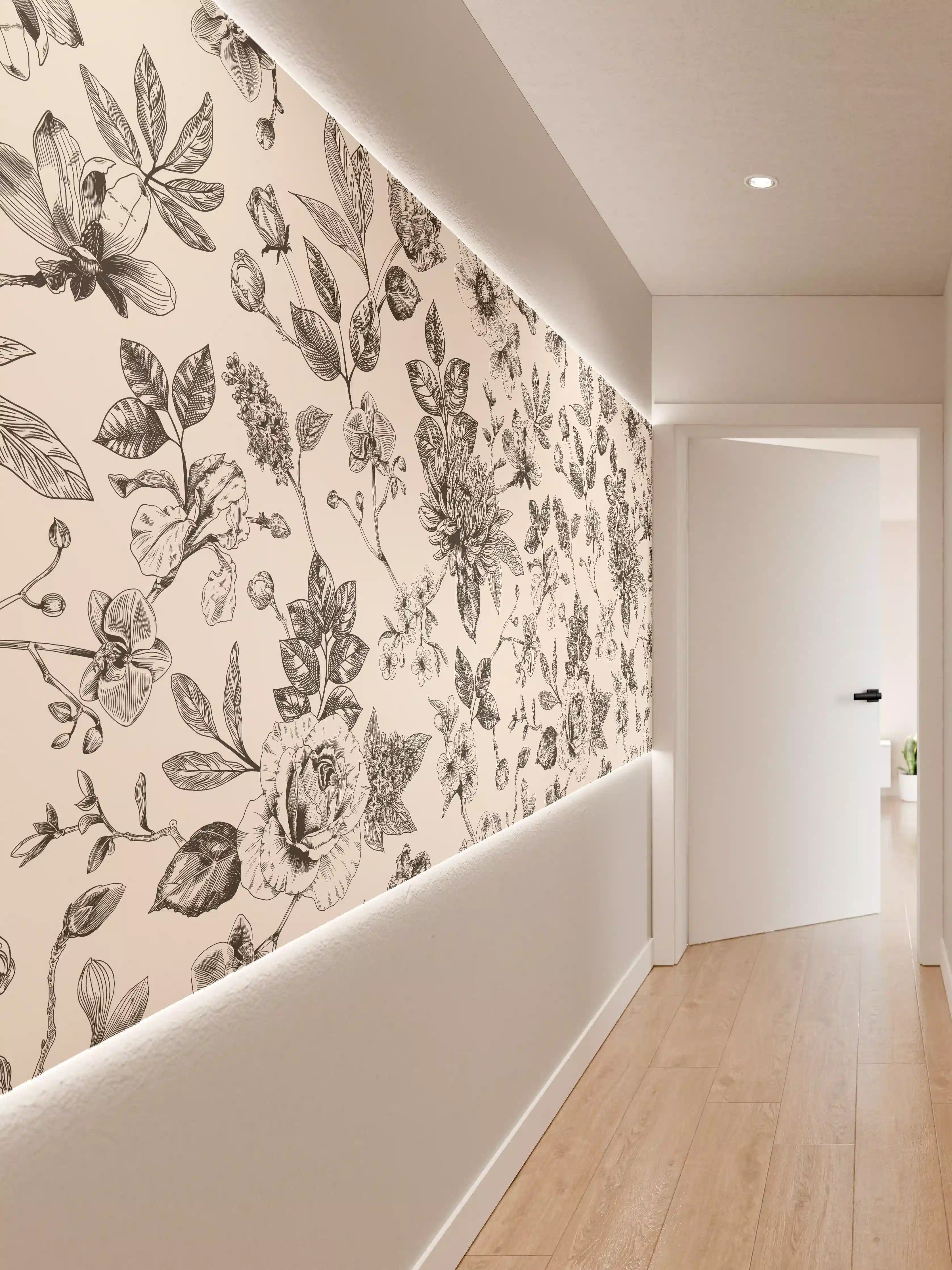Wandverkleidung Flur - Vintage-Blumen Schwarz-Weiß