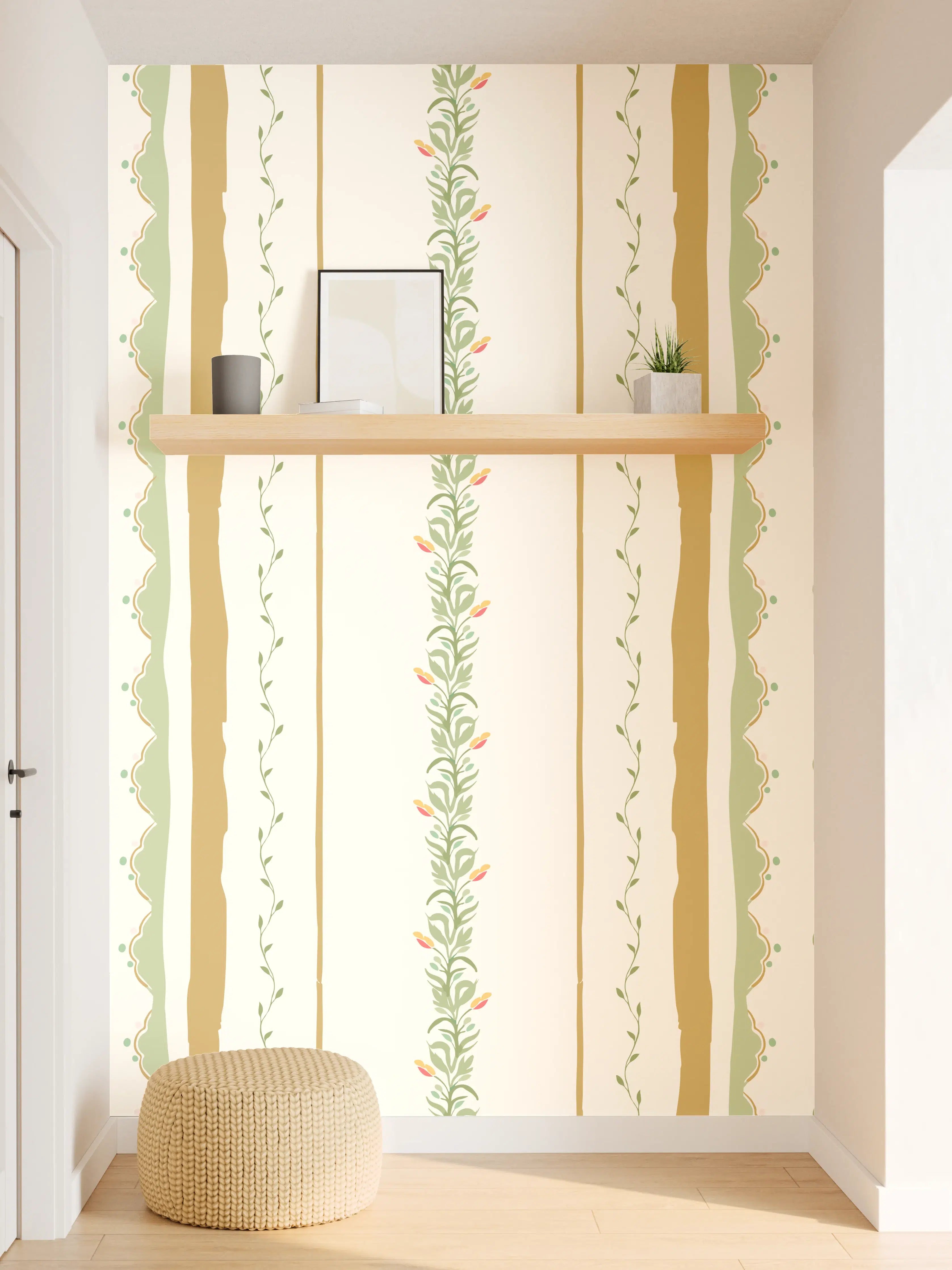 Wandverkleidung Flur - Vintage-Blumen Tapete Beige-Grün