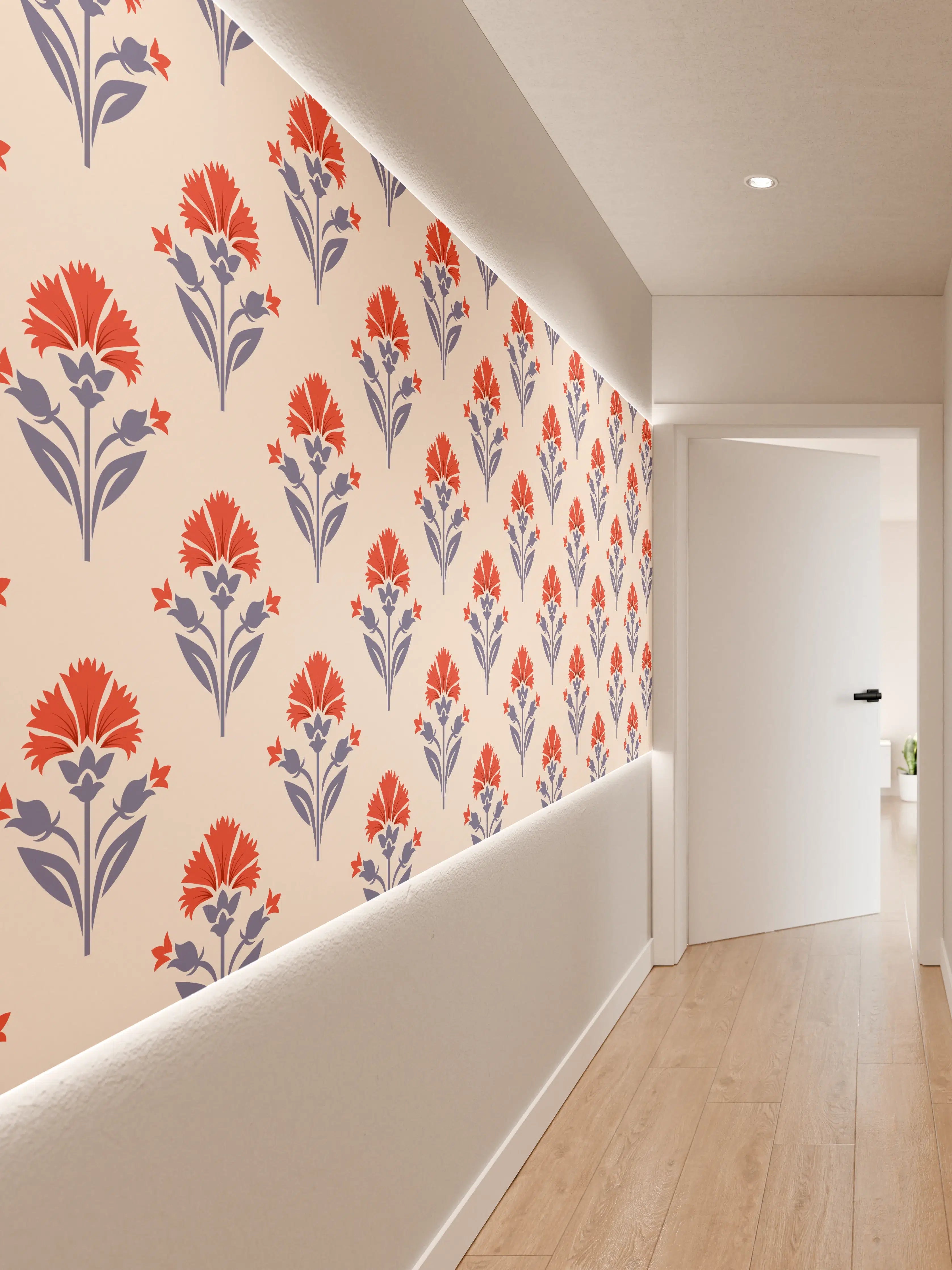 Wandverkleidung Flur - Vintage Blumen Tapete Beige-Rot