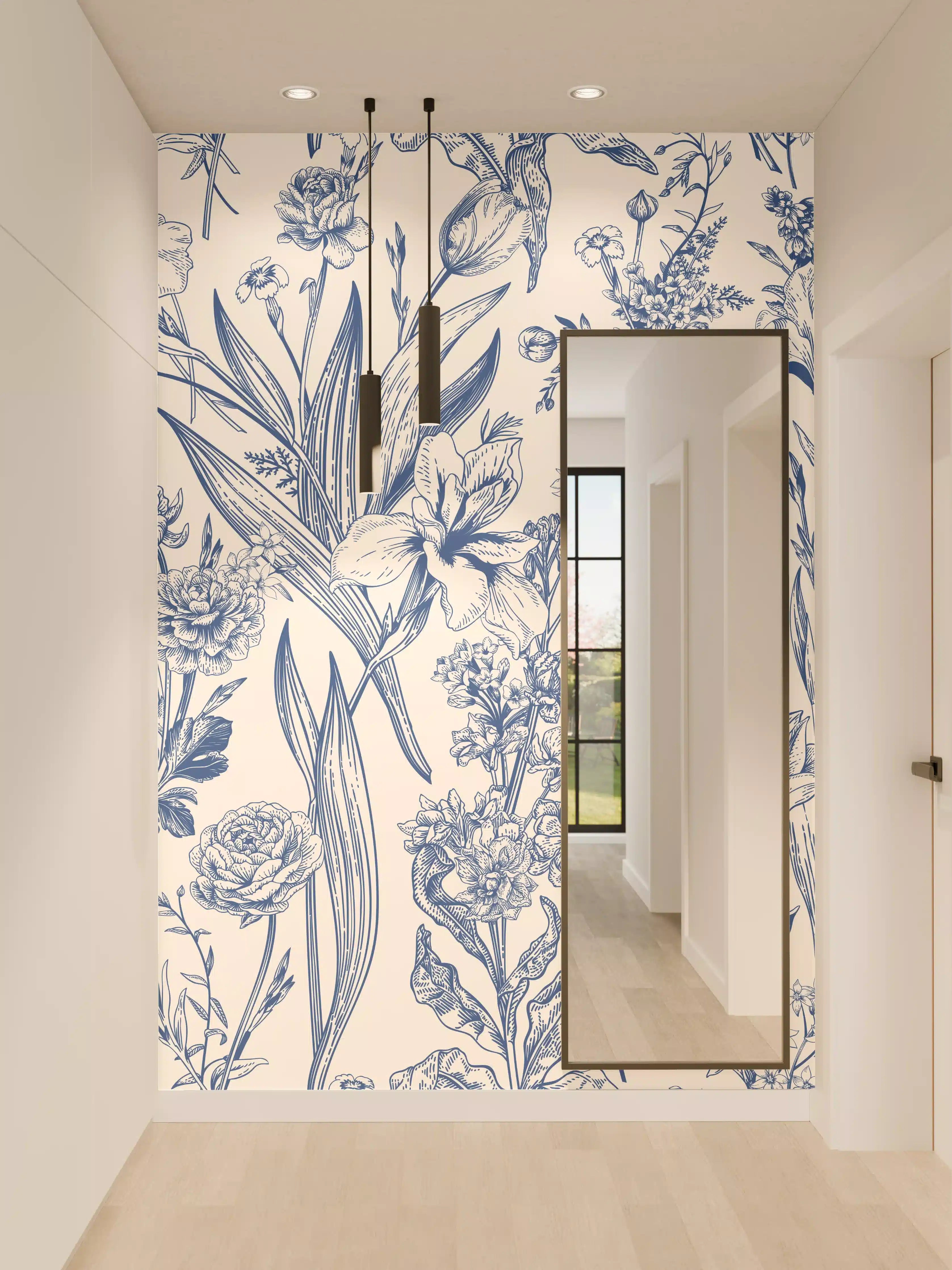 Wandverkleidung Flur - Vintage-Blumenmuster Azurblau