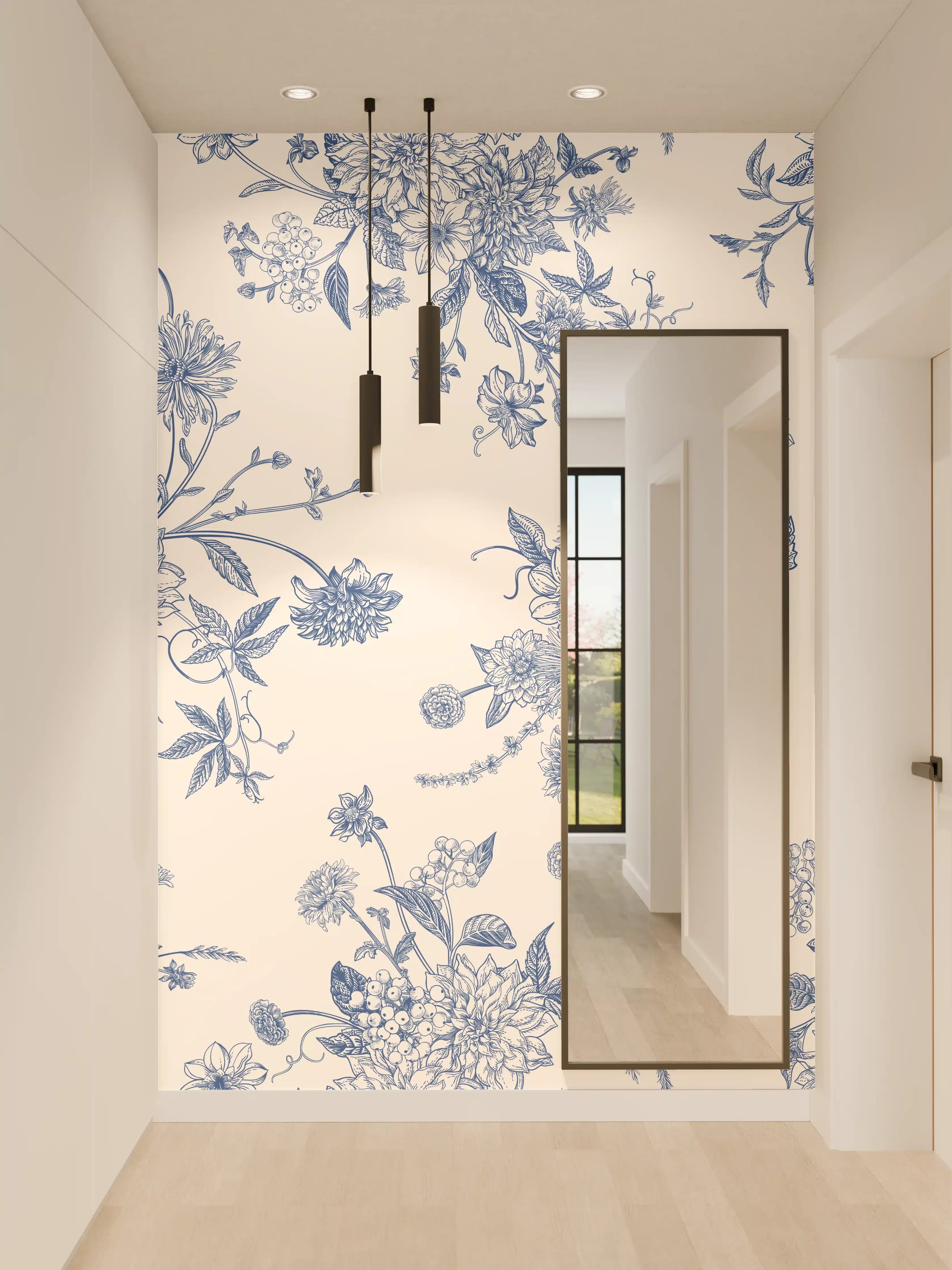 Wandverkleidung Flur - Vintage-Blumenmuster Blau-Weiß
