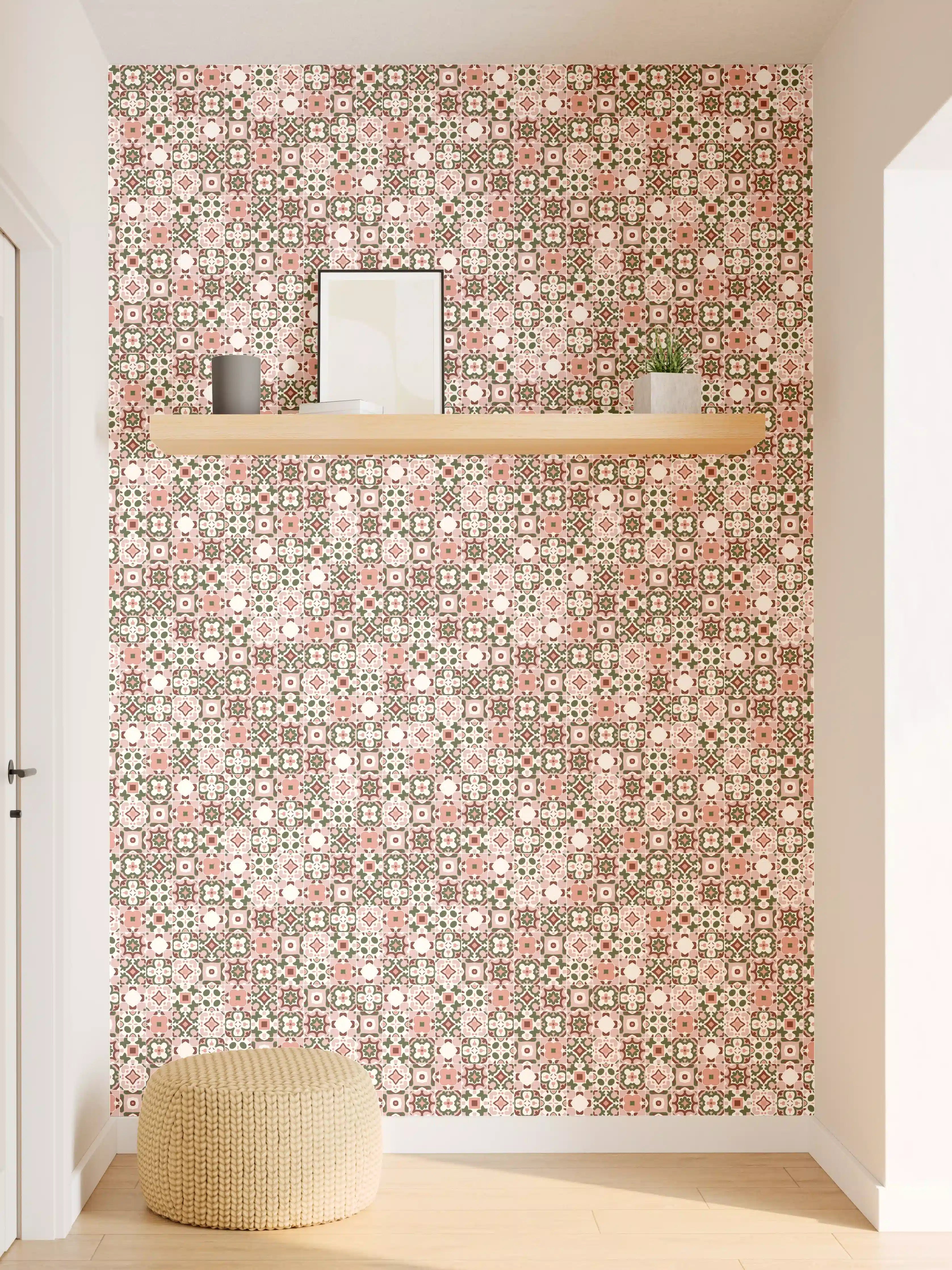 Wandverkleidung Flur - Vintage Mosaikfliesen Muster mit Rosa und Beige