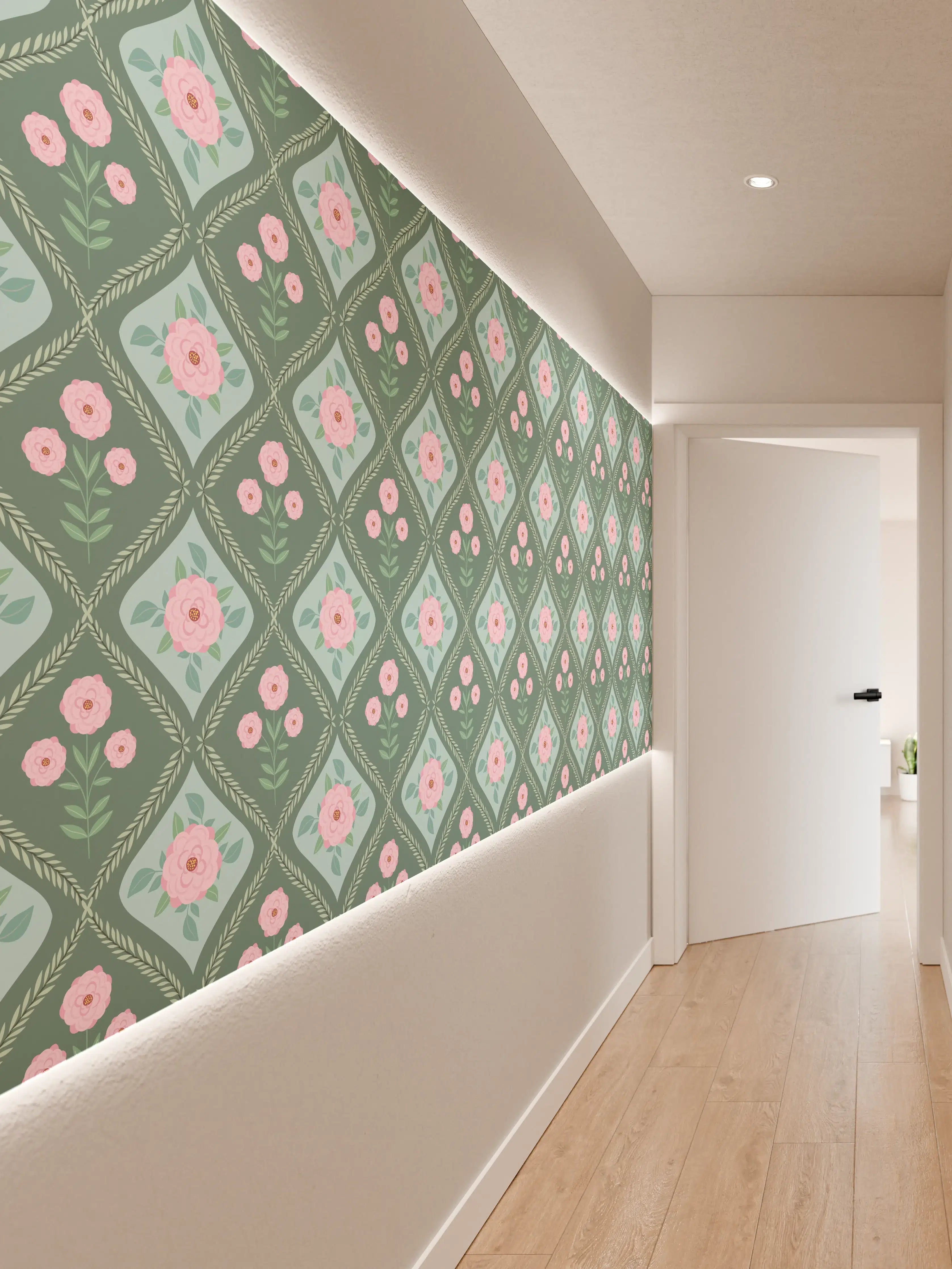 Wandverkleidung Flur - Vintage Rosen Tapete Grün-Rosa