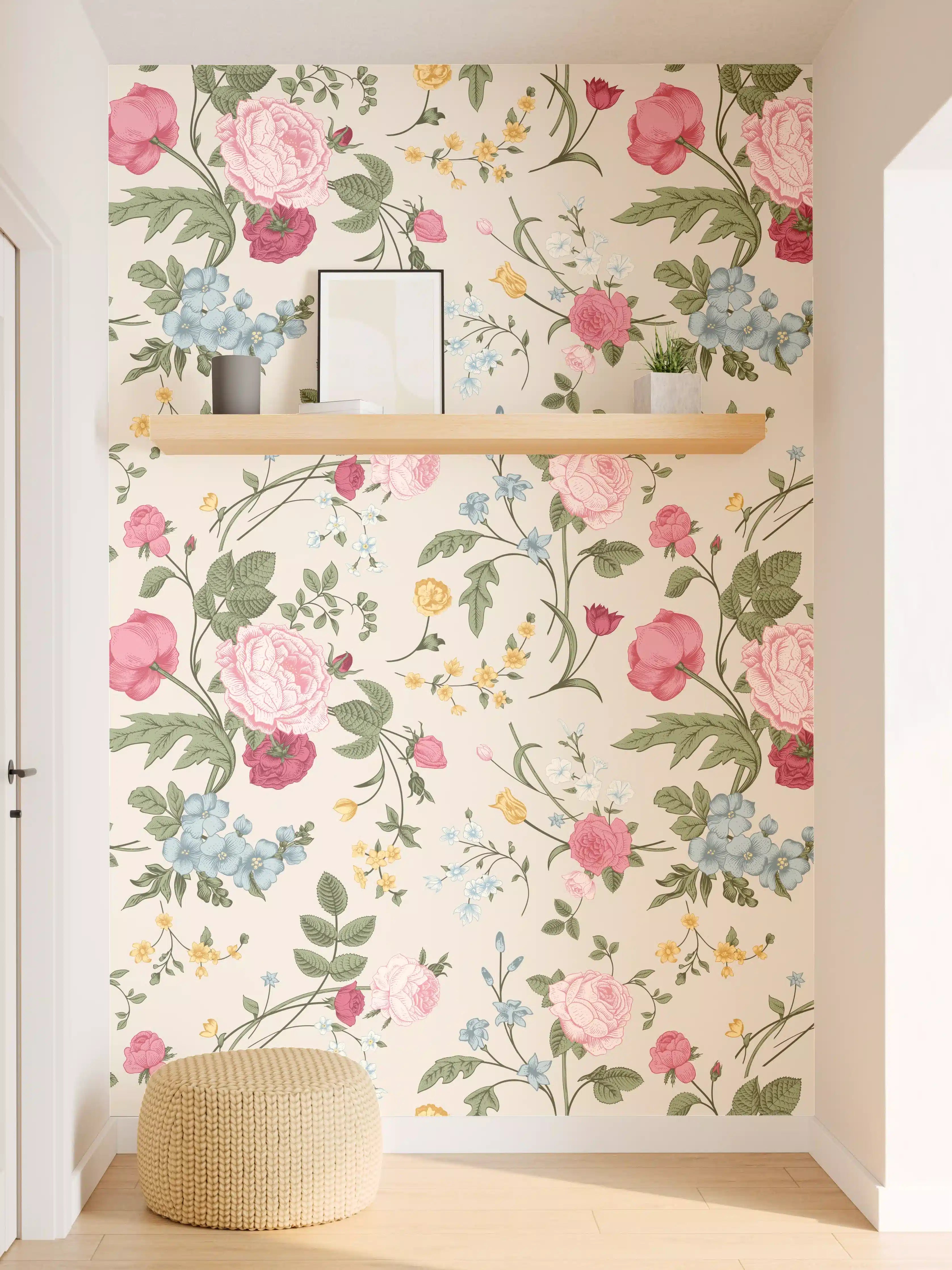 Wandverkleidung Flur - Vintage Rosenmuster Rosa-Beige