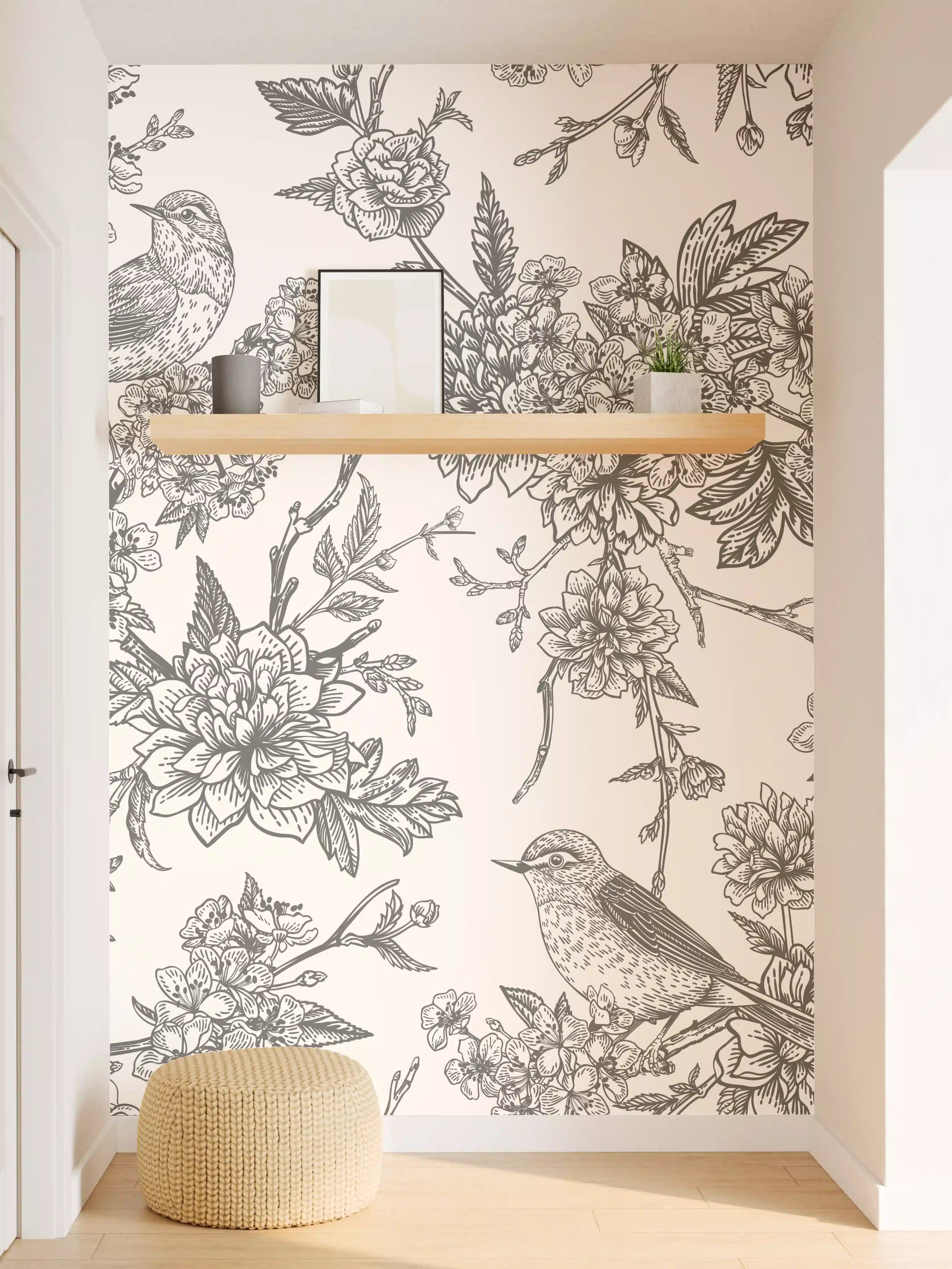 Wandverkleidung Flur - Vintage Schwarzweiß Blumenmuster