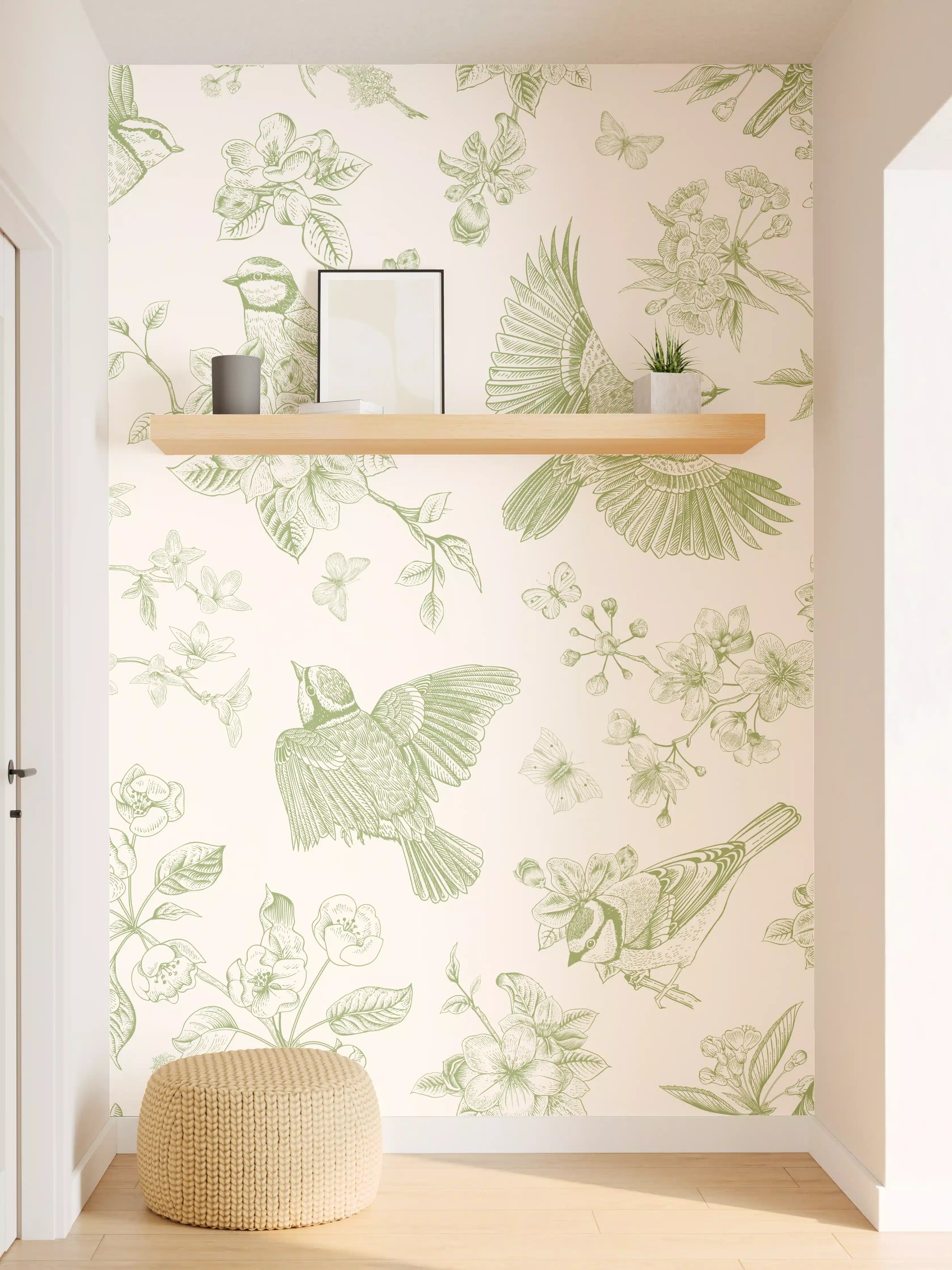 Wandverkleidung Flur - Vintage Vogelgarten Grün-Beige