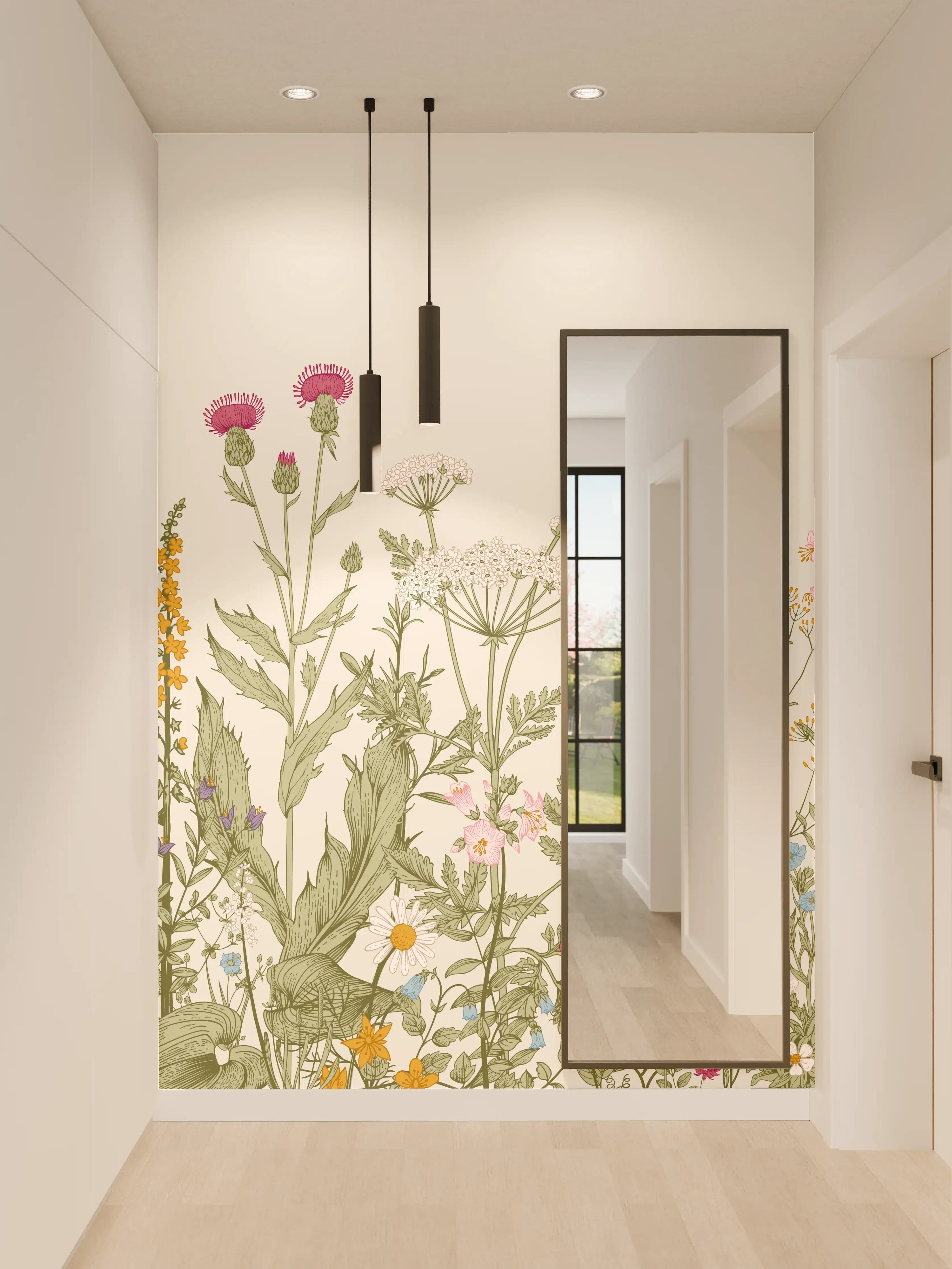 Wandverkleidung Flur - Vintage Wiesenblumen Bordüre Beige-Grün