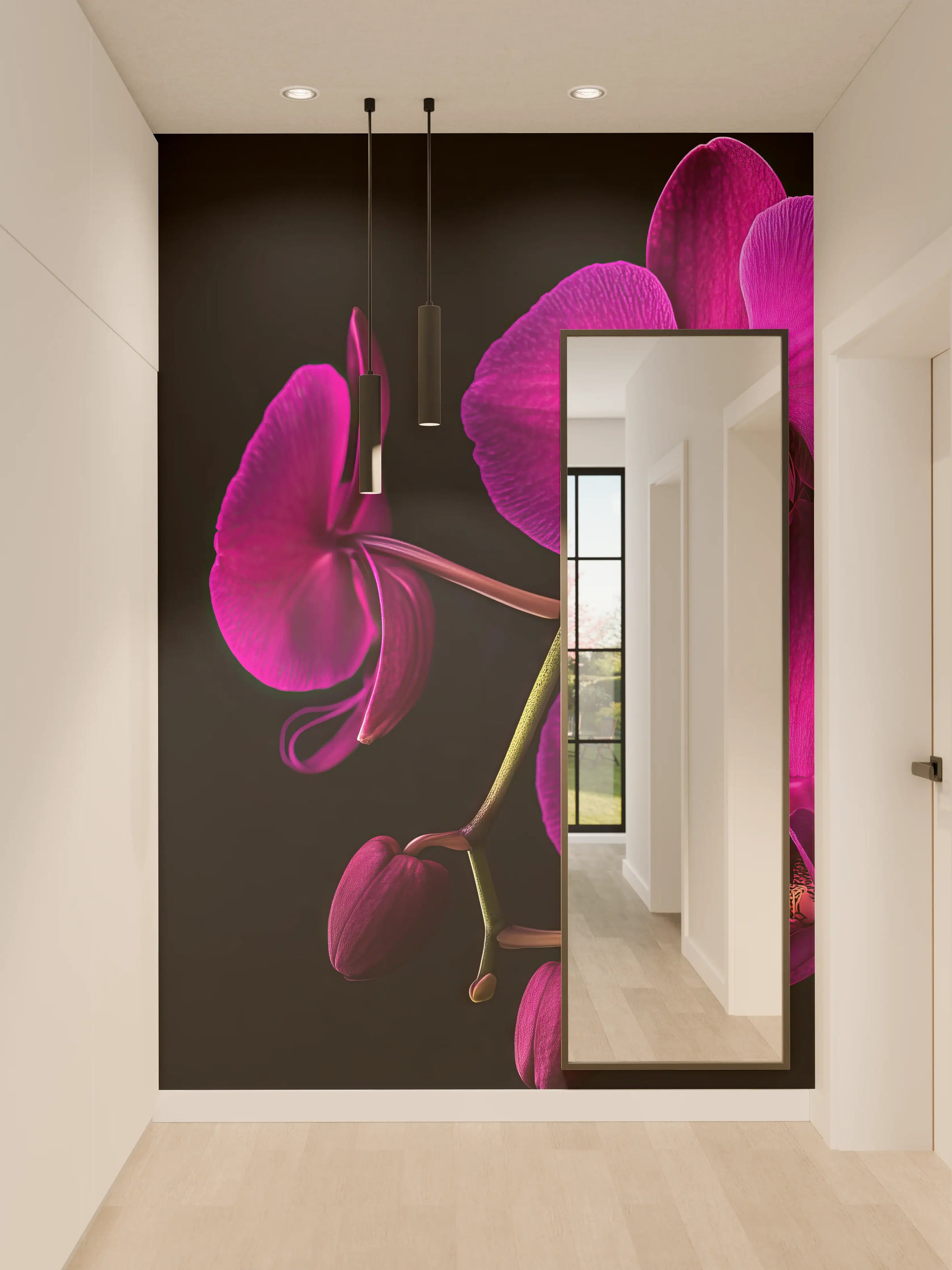 Wandverkleidung Flur - Violette Orchideen auf Schwarz