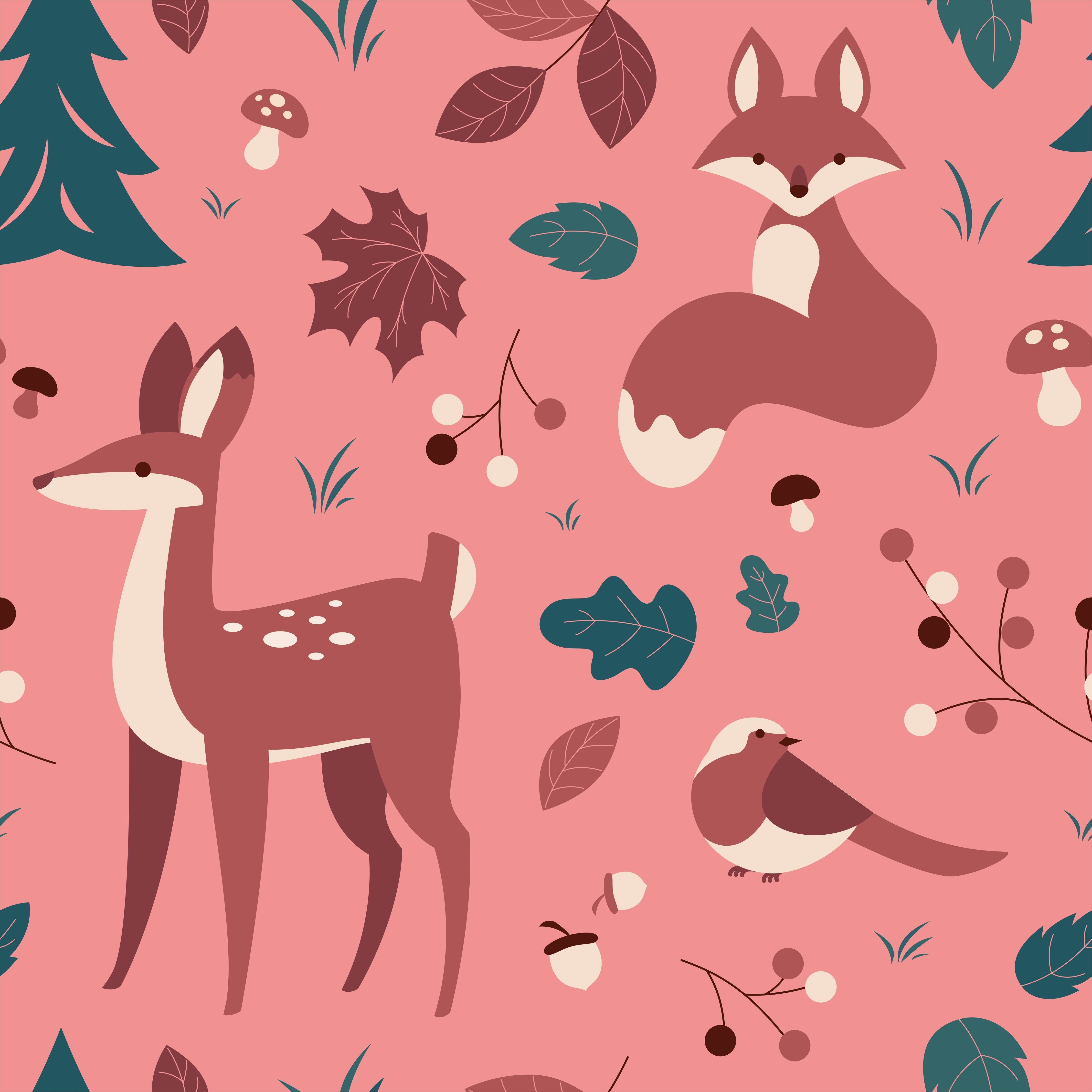 Wandverkleidung Flur-Waldtiere Muster rosa Hintergrund