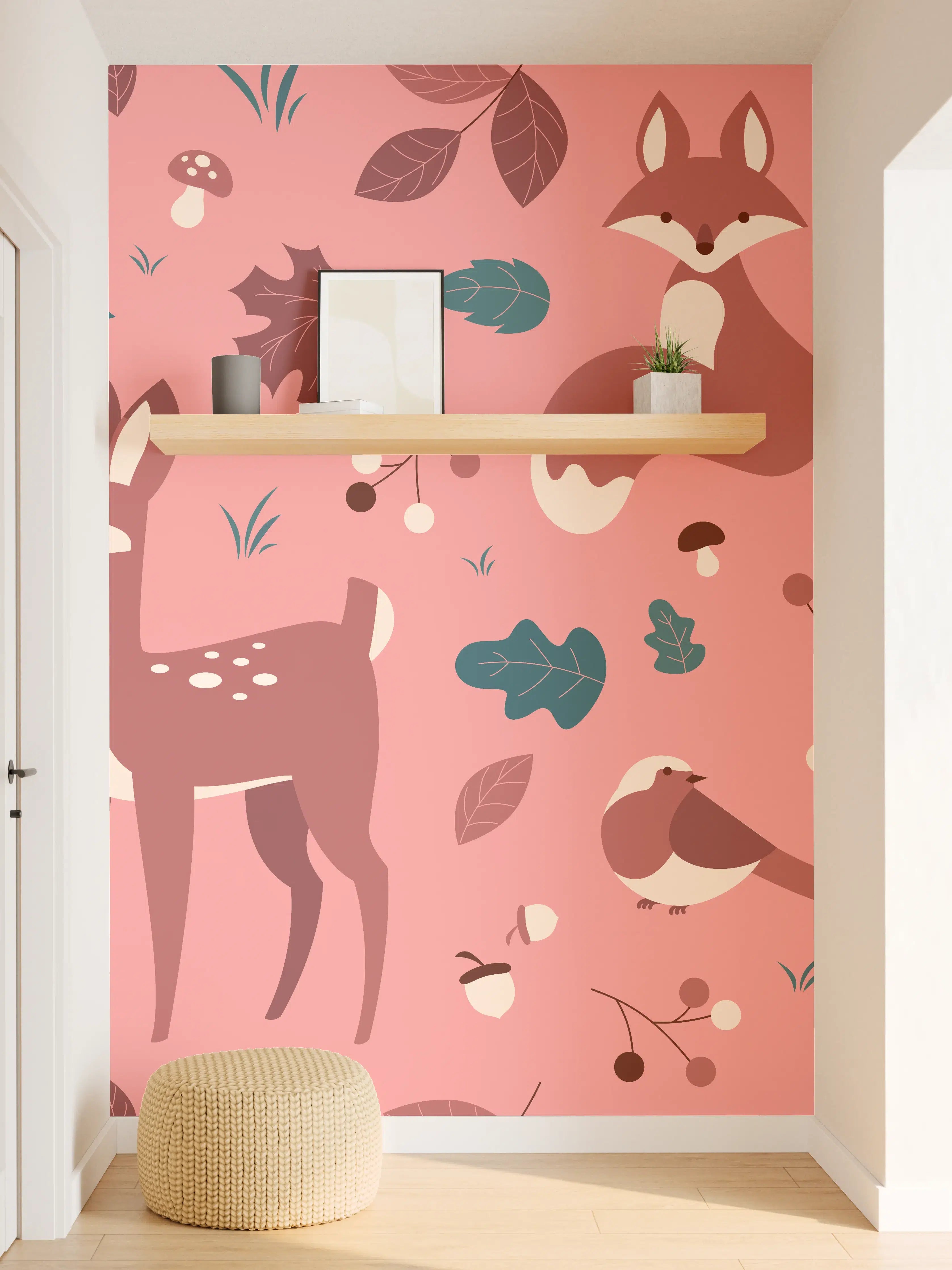 Wandverkleidung Flur - Waldtiere Muster rosa Hintergrund