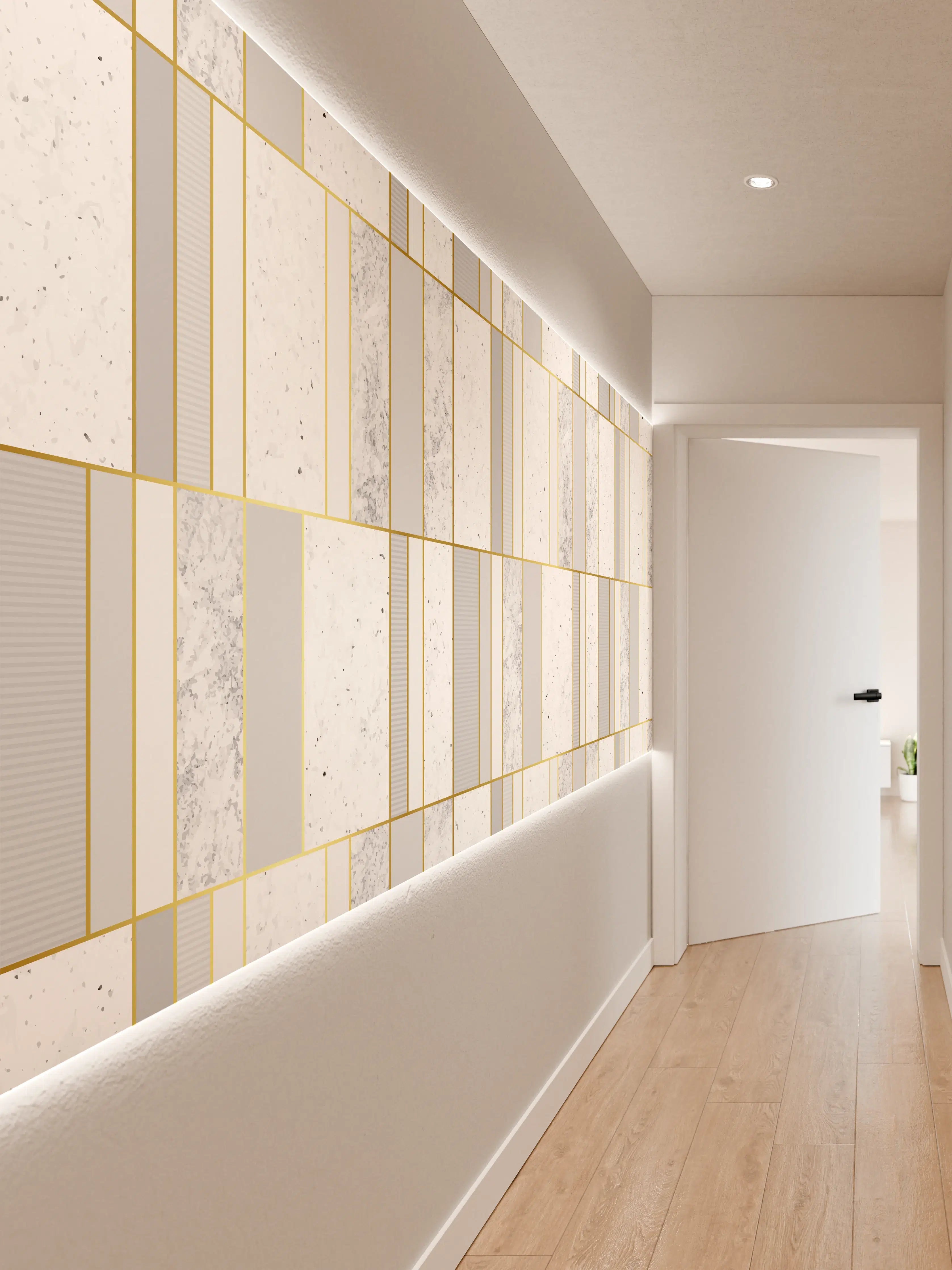 Wandverkleidung Flur - Weiß-Goldene Marmoroptik Fliese