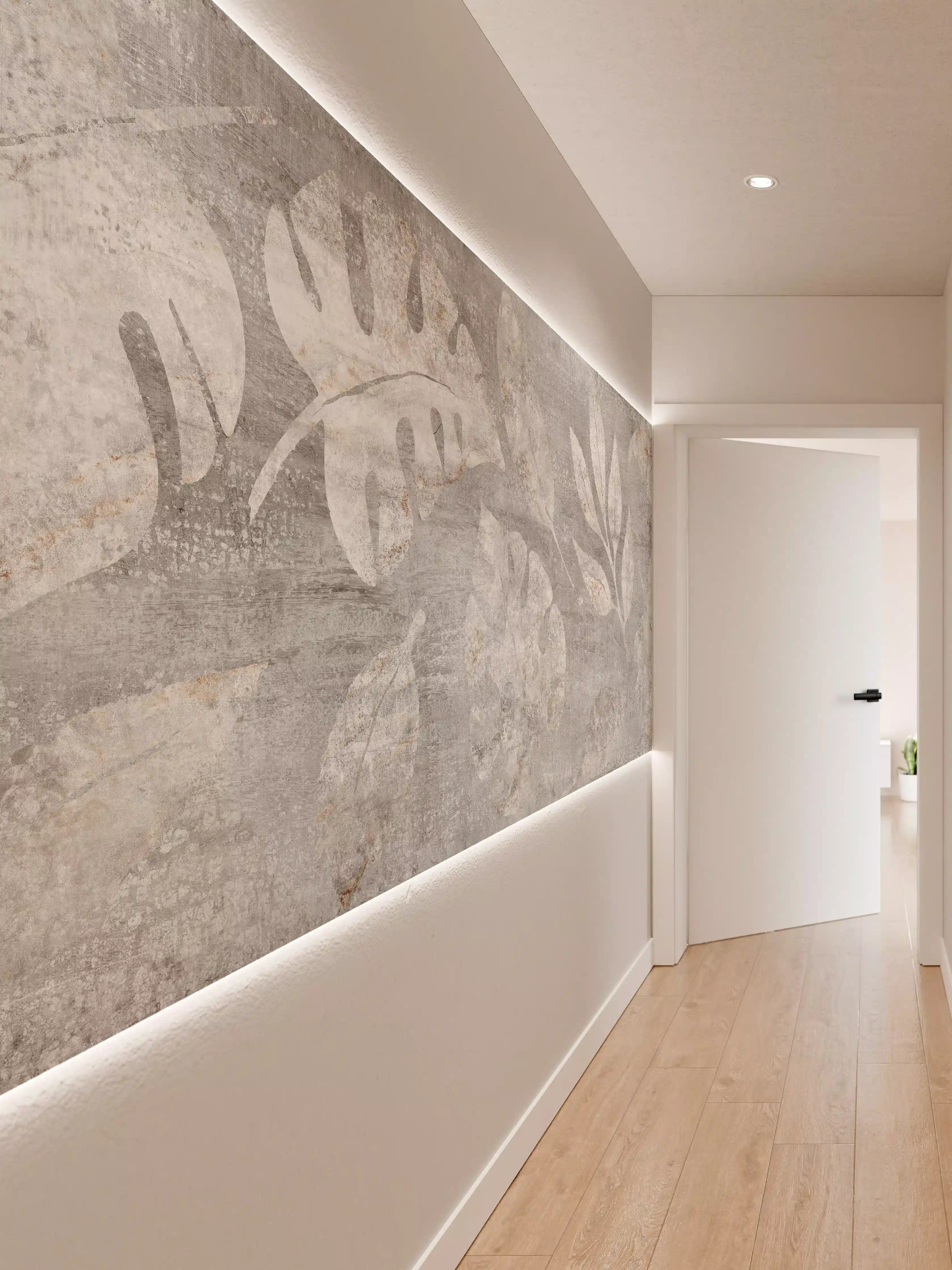 Wandverkleidung Flur - Weiß-Grau Blattmuster Struktur