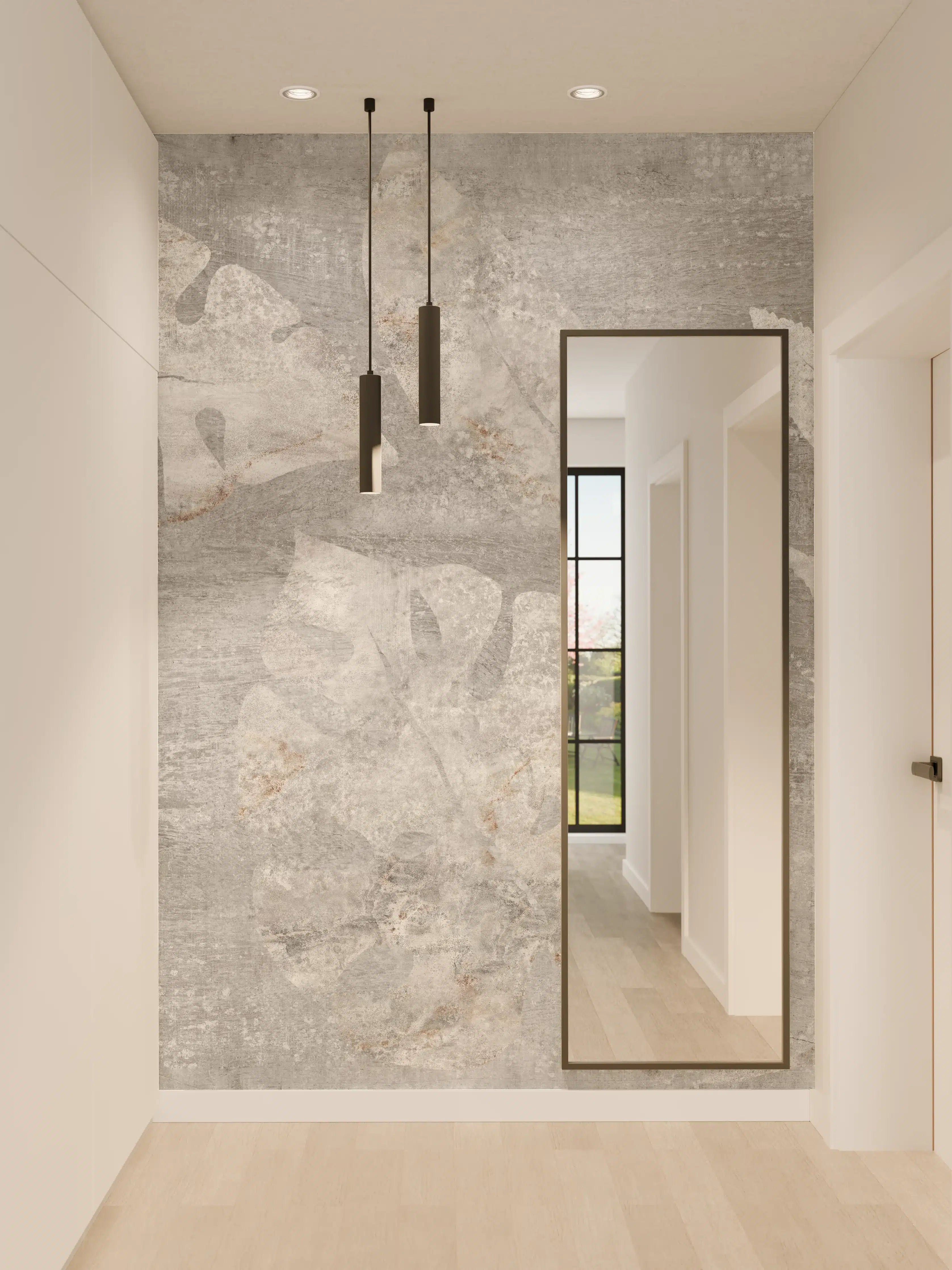 Wandverkleidung Flur - Weiß-Grau Blattmuster Struktur