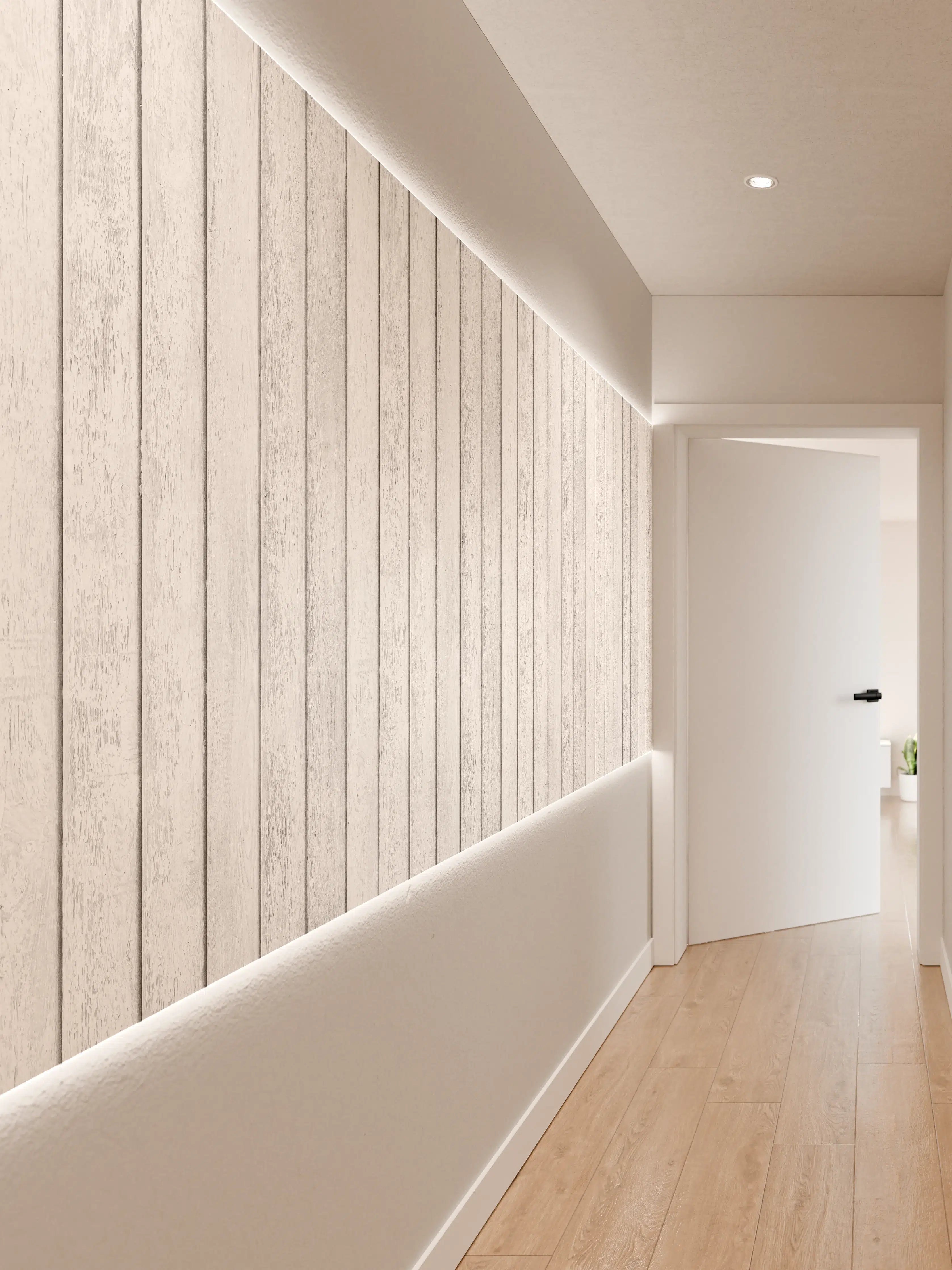 Wandverkleidung Flur - Weiße Holzvertäfelung mit subtiler Maserung