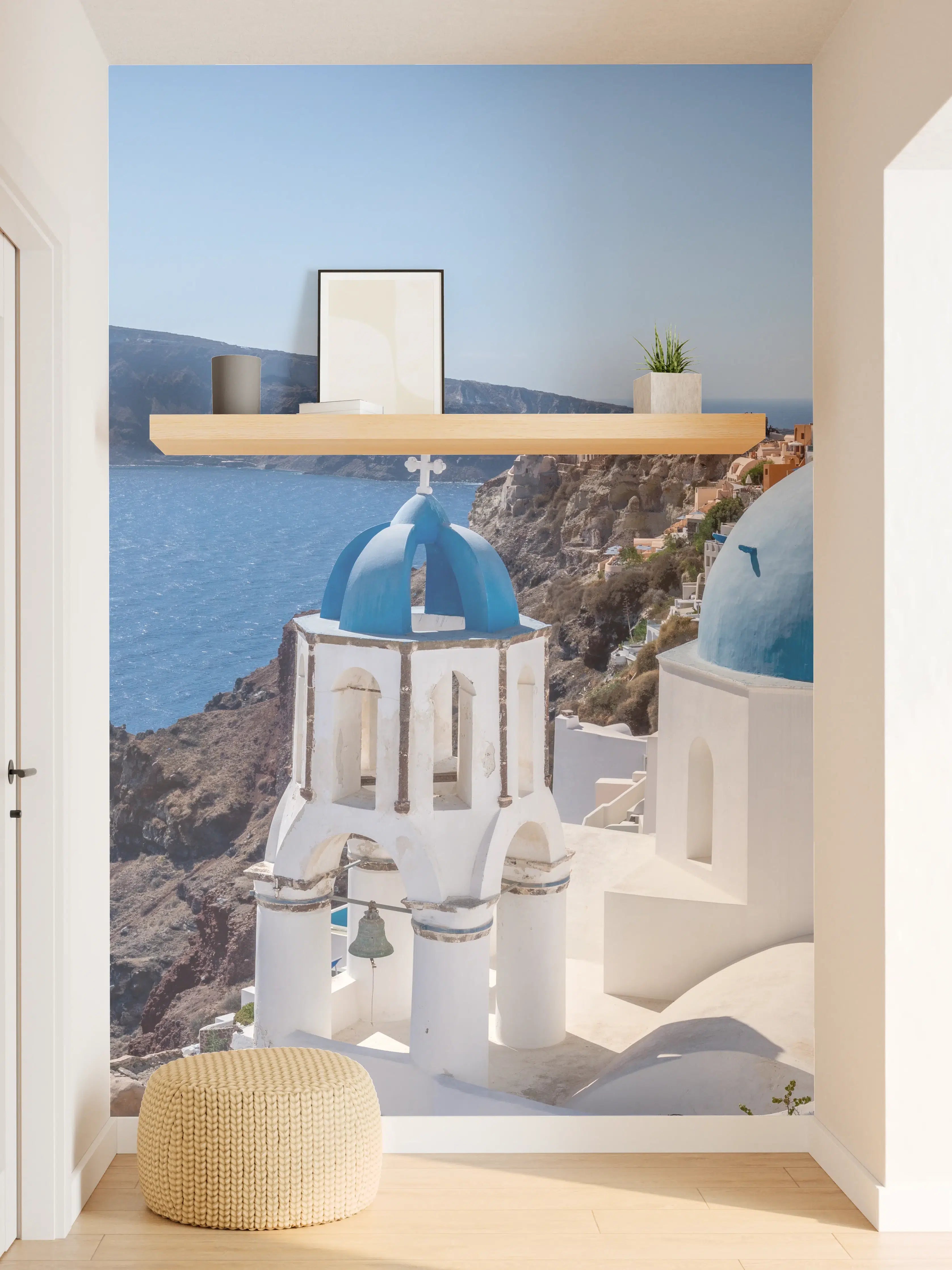 Wandverkleidung Flur - Weiße Kapelle und blaue Kuppeln in Santorini