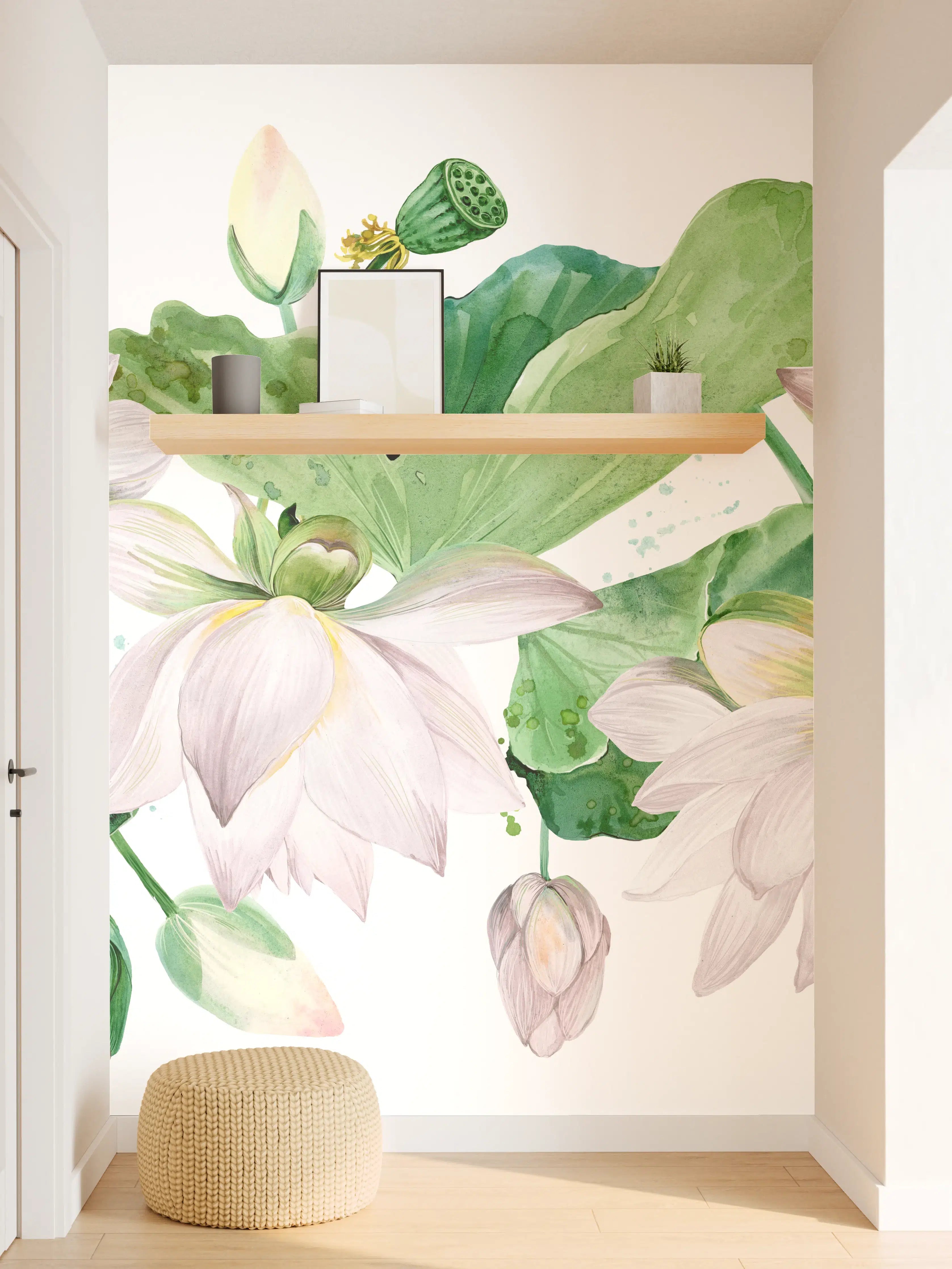 Wandverkleidung Flur - Weiße Lotusblumen - nahtlose Muster