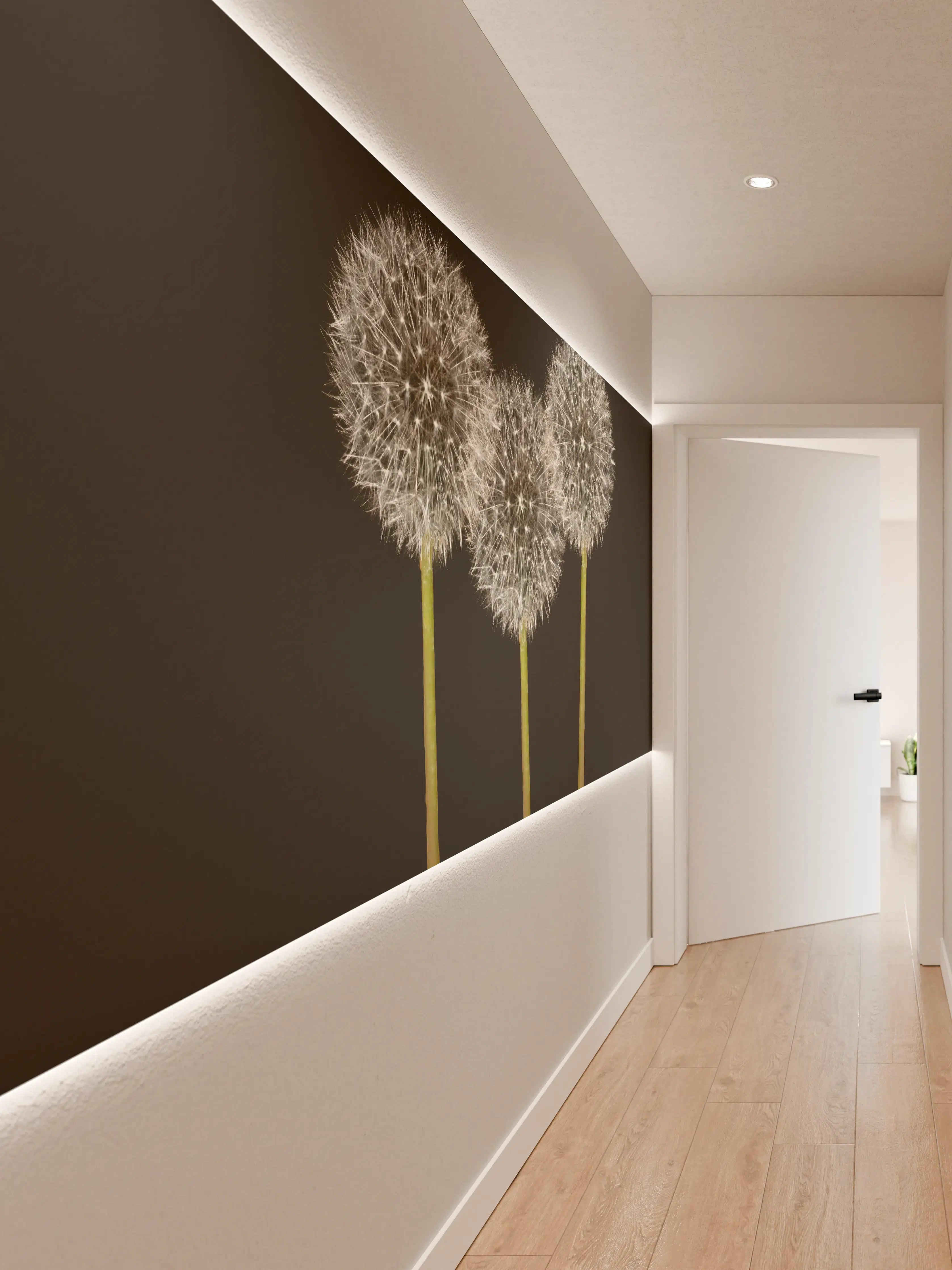 Wandverkleidung Flur - Weiße Pusteblumen auf Schwarz