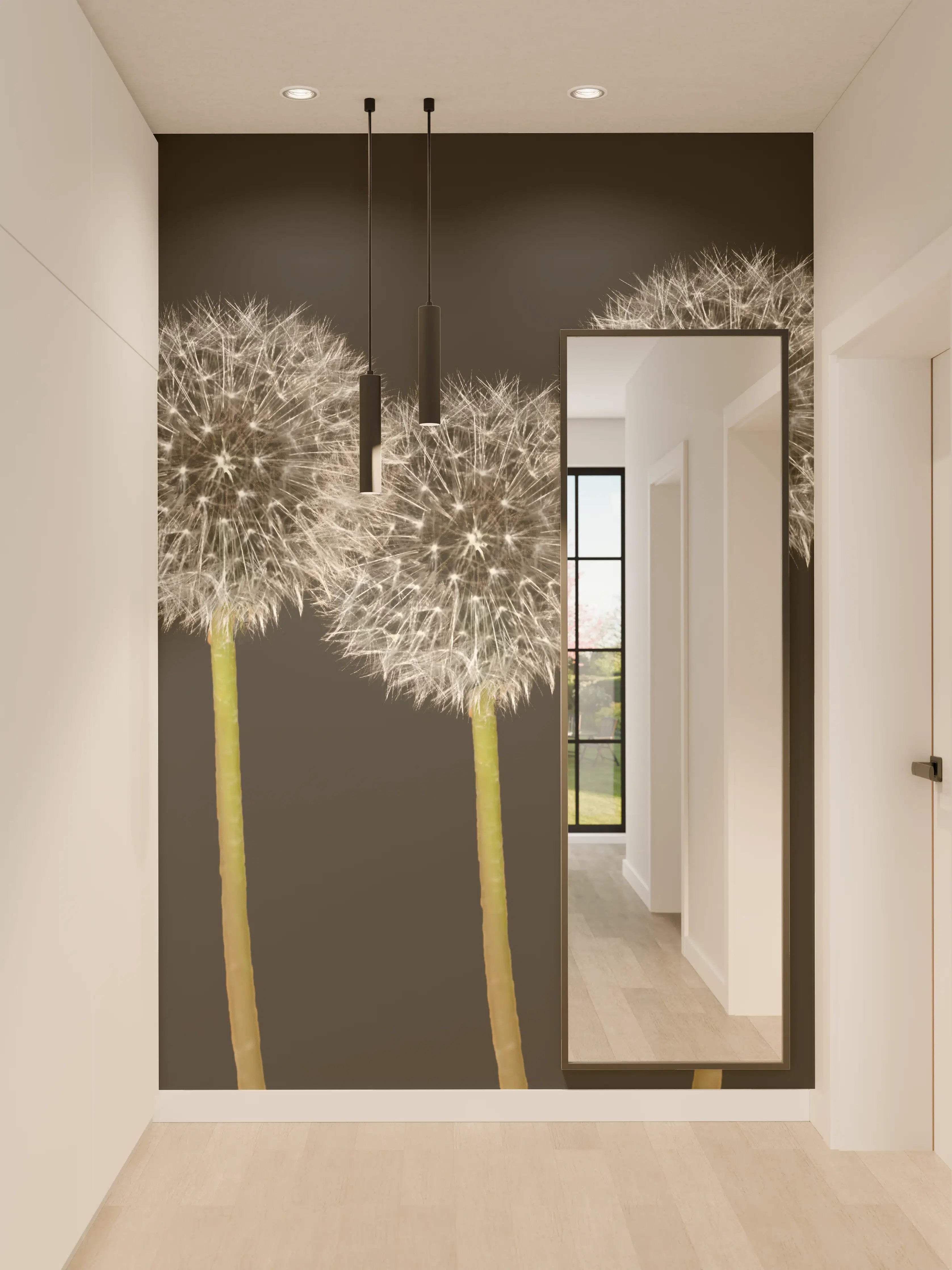 Wandverkleidung Flur - Weiße Pusteblumen auf Schwarz