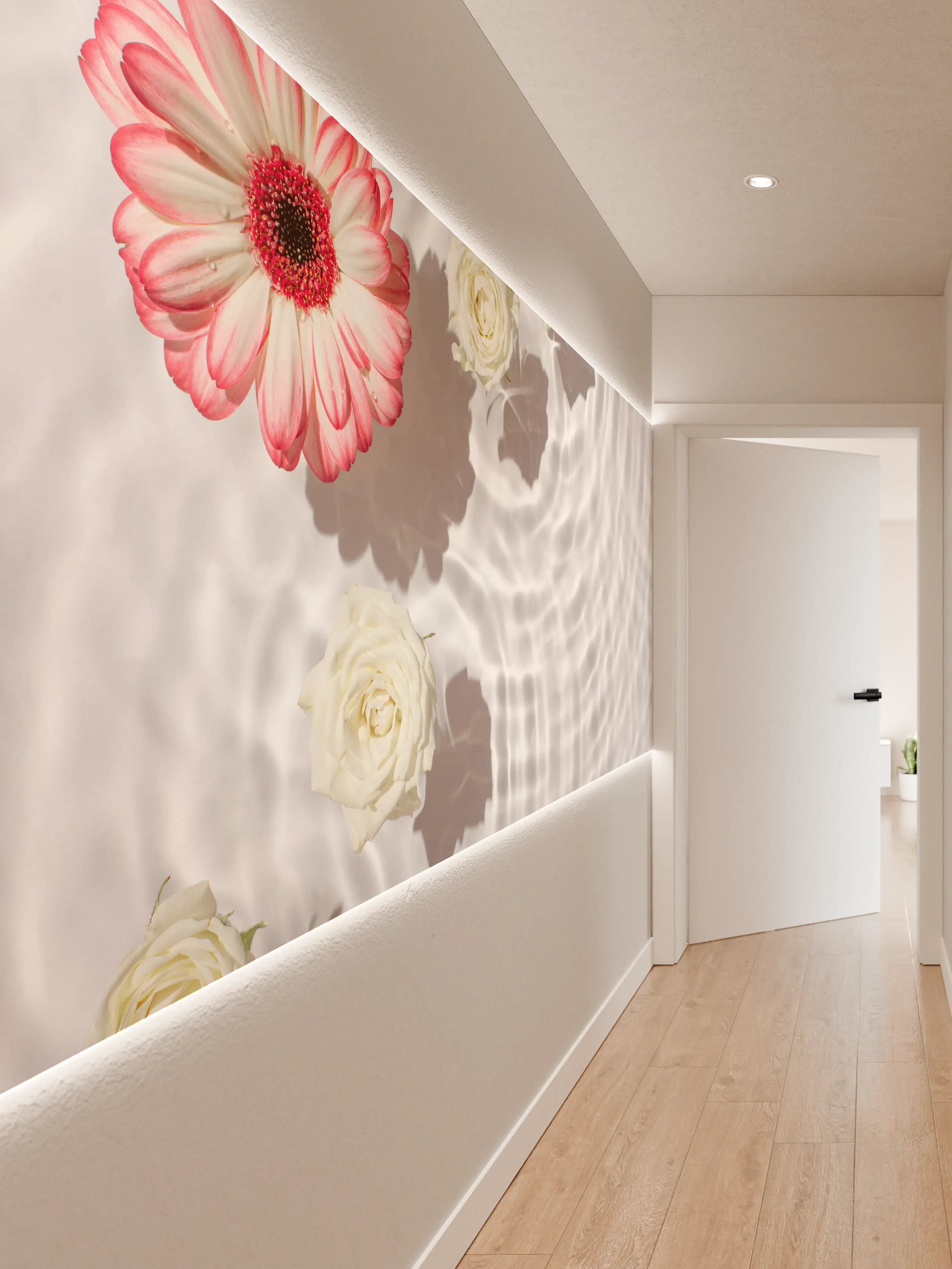Wandverkleidung Flur - Weiße Wasserblumen mit Rosa-Akzent