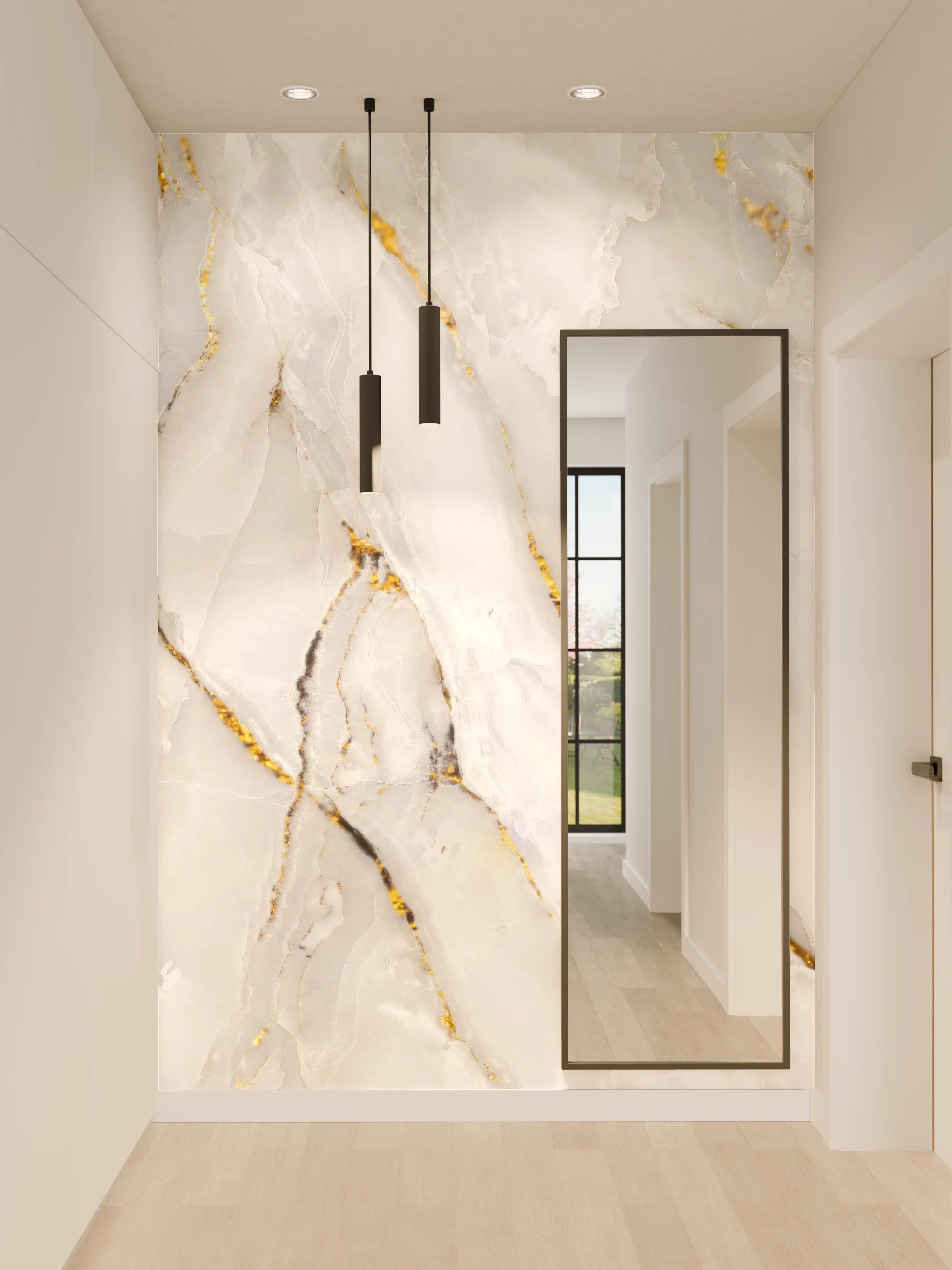 Wandverkleidung Flur - Weißer Statuario-Marmor mit goldene Adern