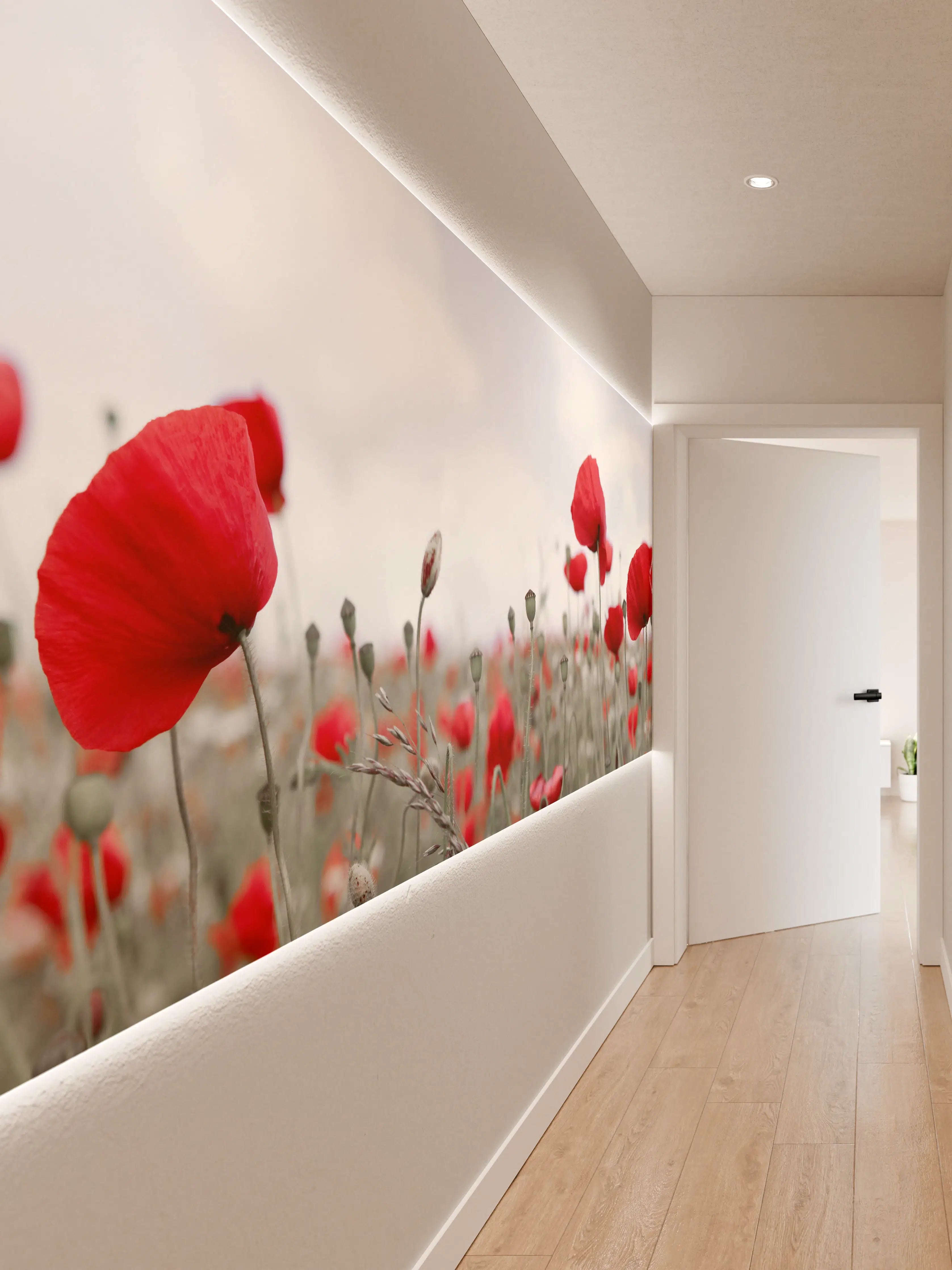 Wandverkleidung Flur - Weites rotes Mohnfeld Panorama