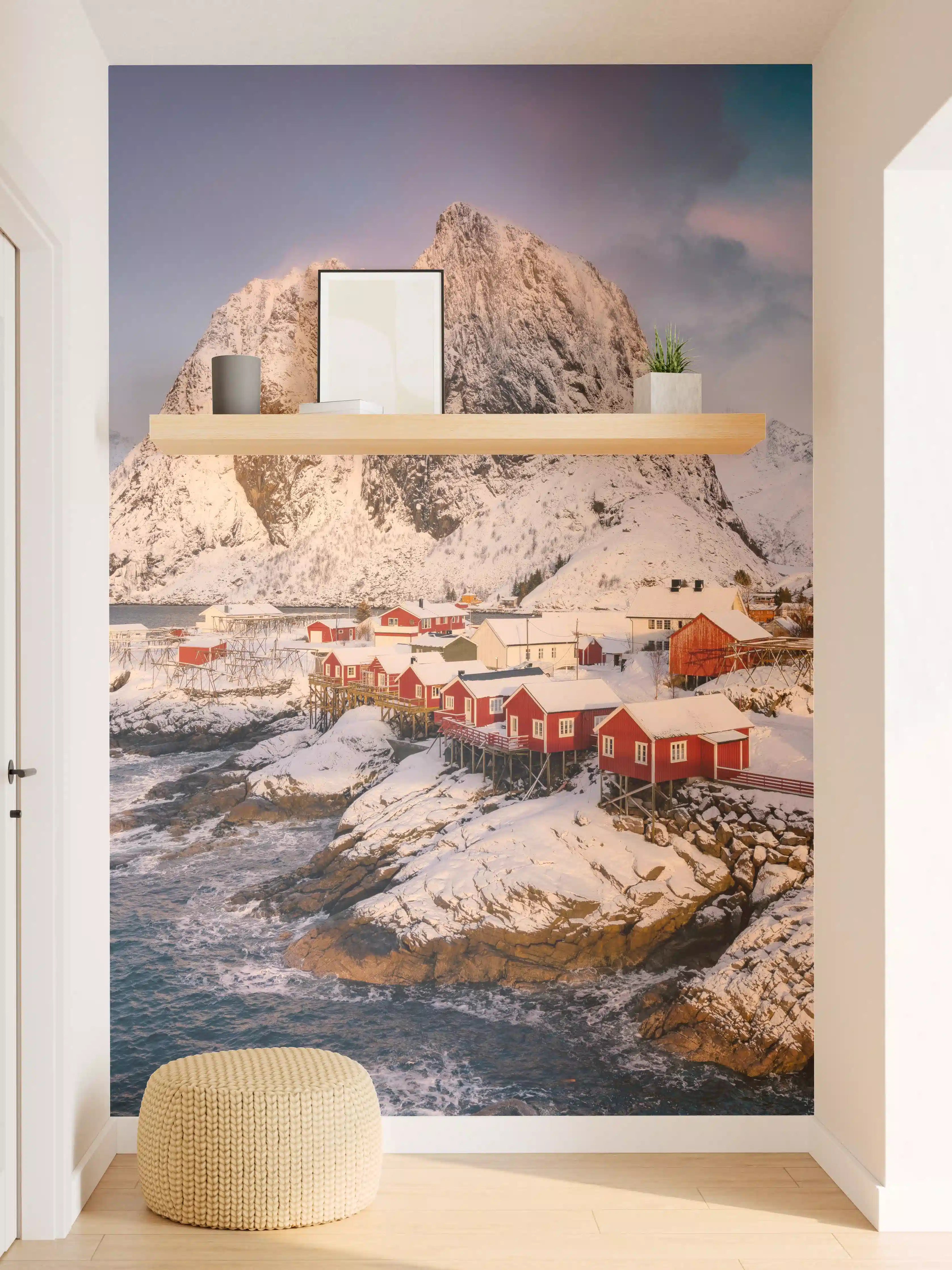 Wandverkleidung Flur - Winterlandschaft mit roten Häusern an der Küste
