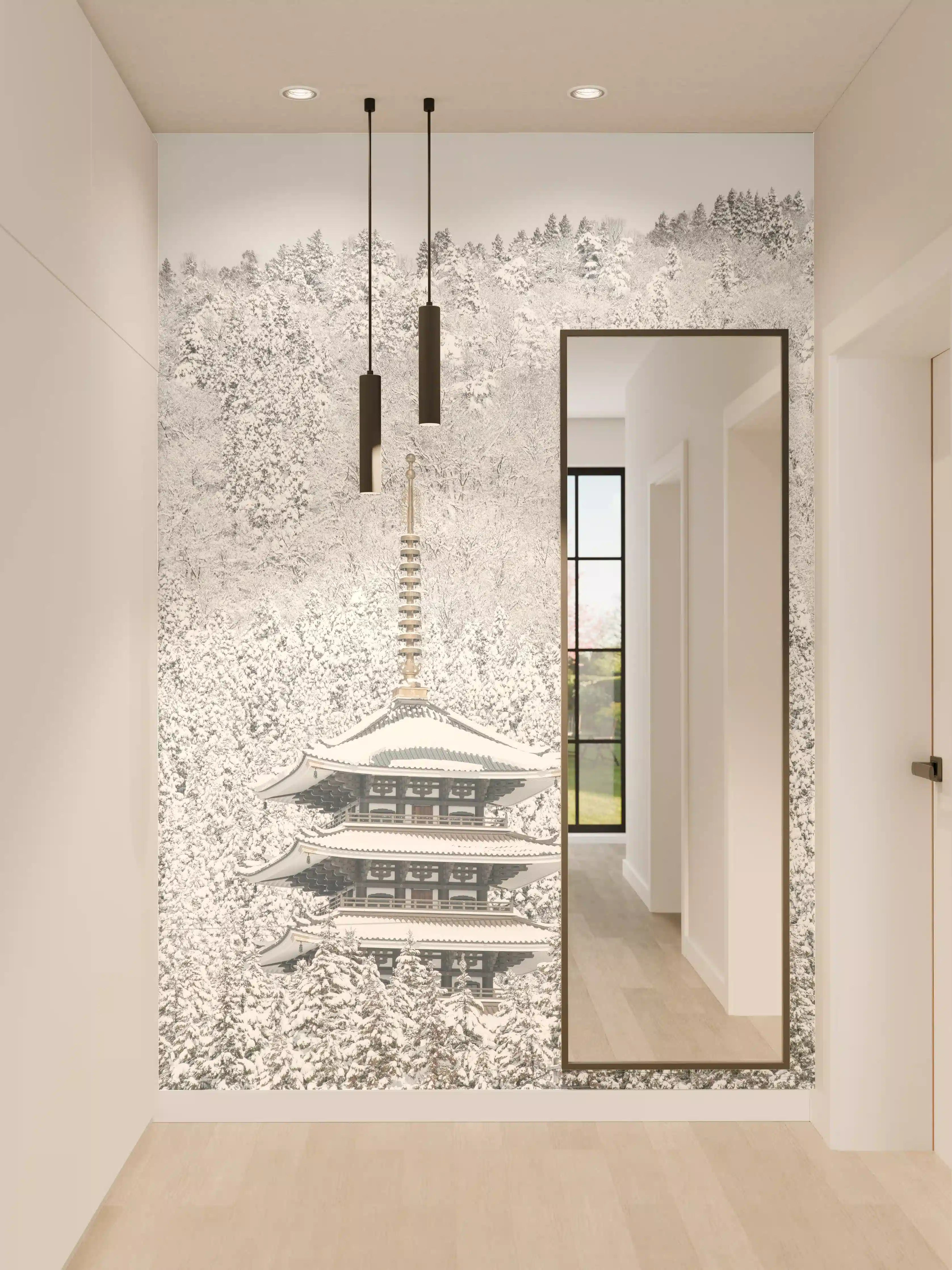 Wandverkleidung Flur - Winterliche Pagode im Schnee