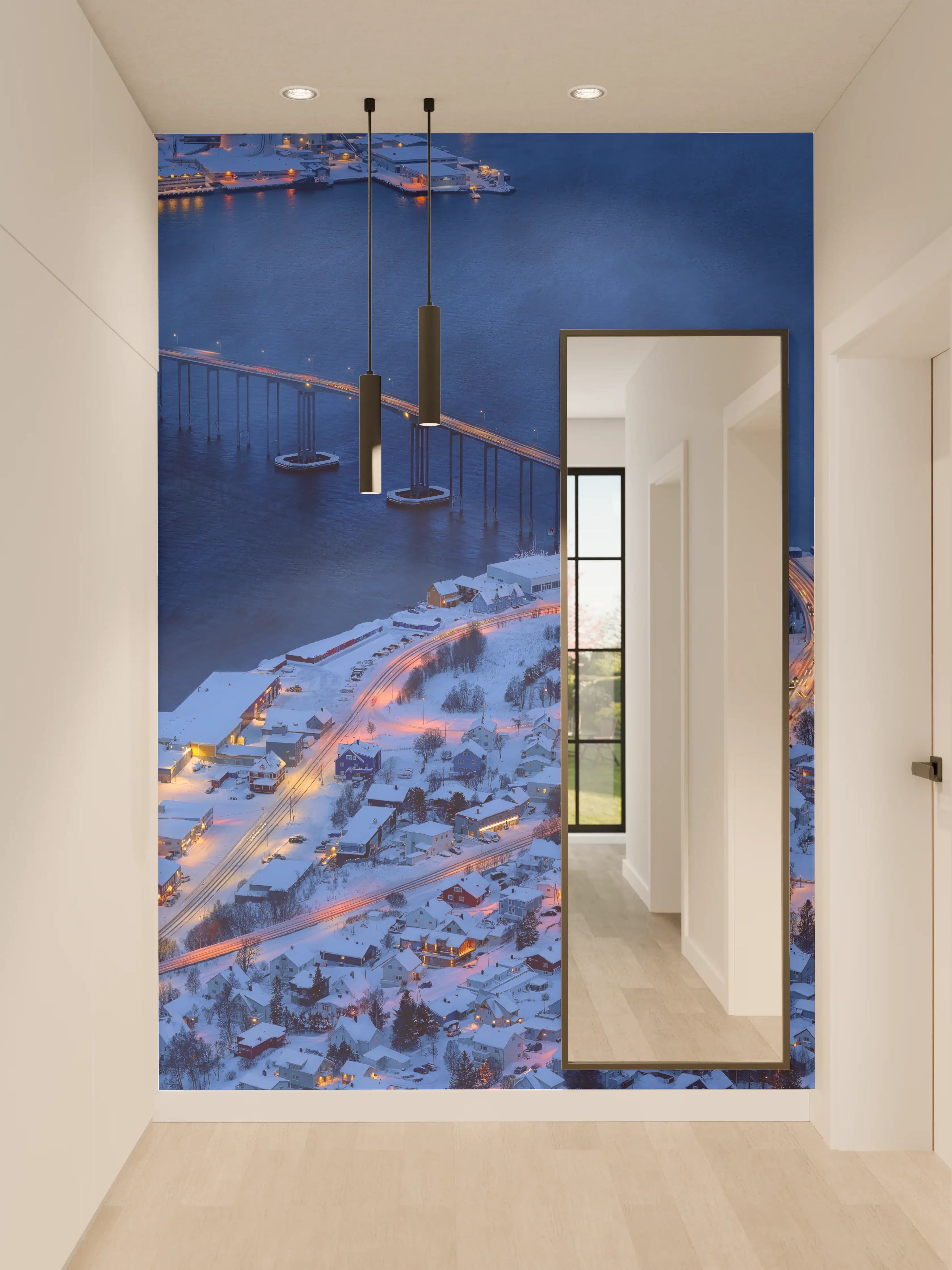 Wandverkleidung Flur - Winterliche Stadt bei Nacht mit Brücke