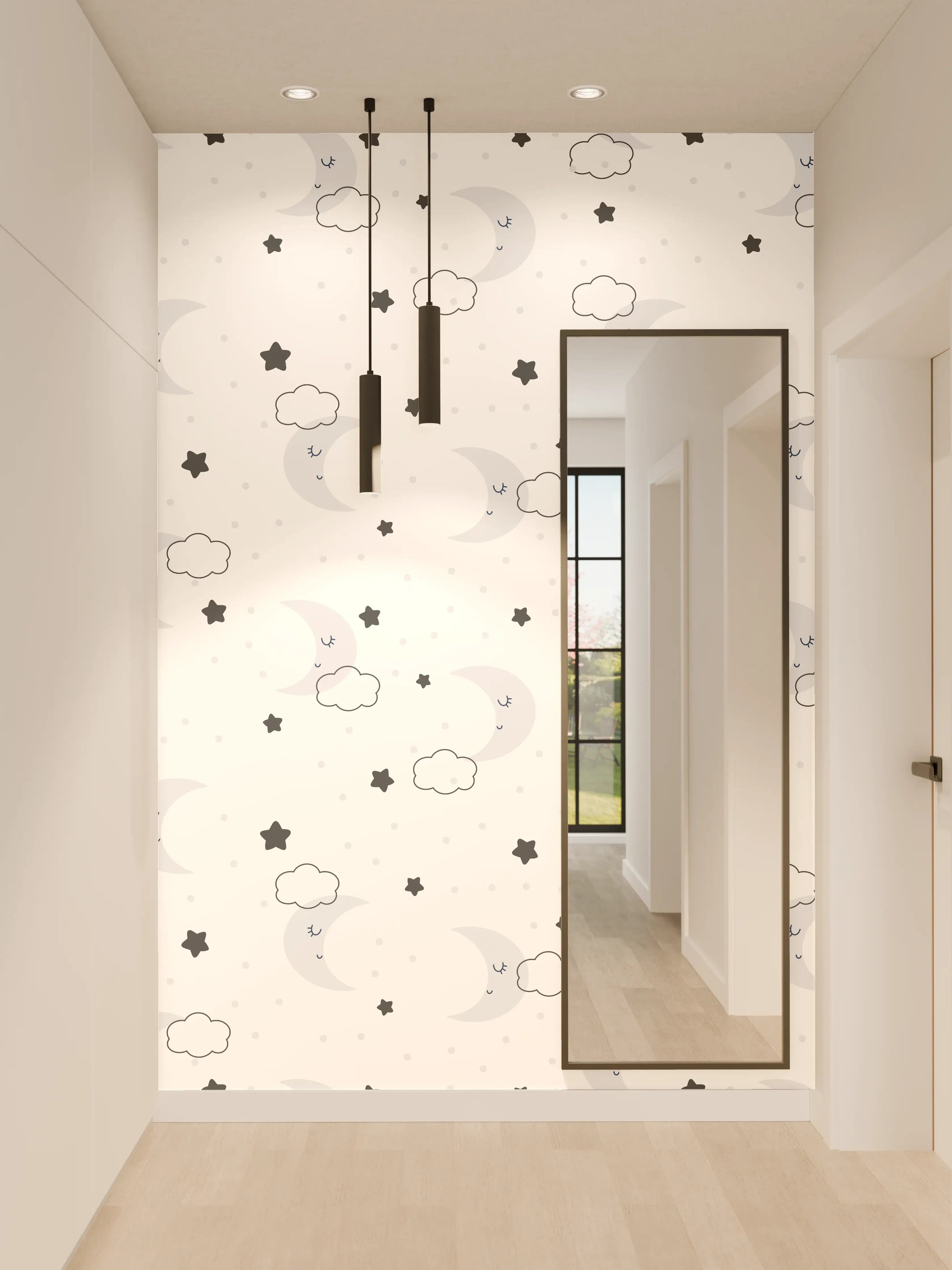 Wandverkleidung Flur - Witziges Wolken-Design mit Sternen und Raketen