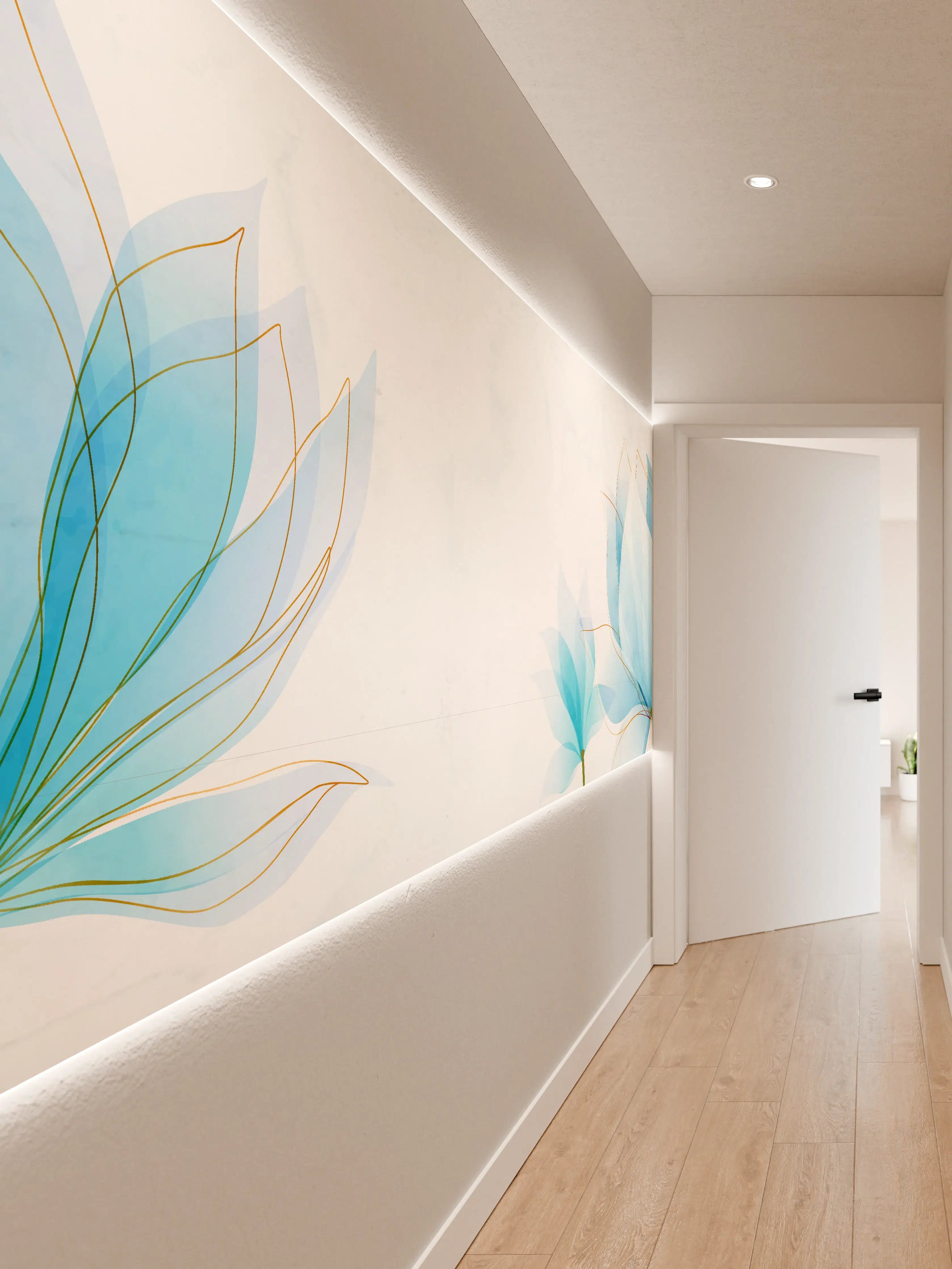 Wandverkleidung Flur - Zarte Blaue Blumen Illustration