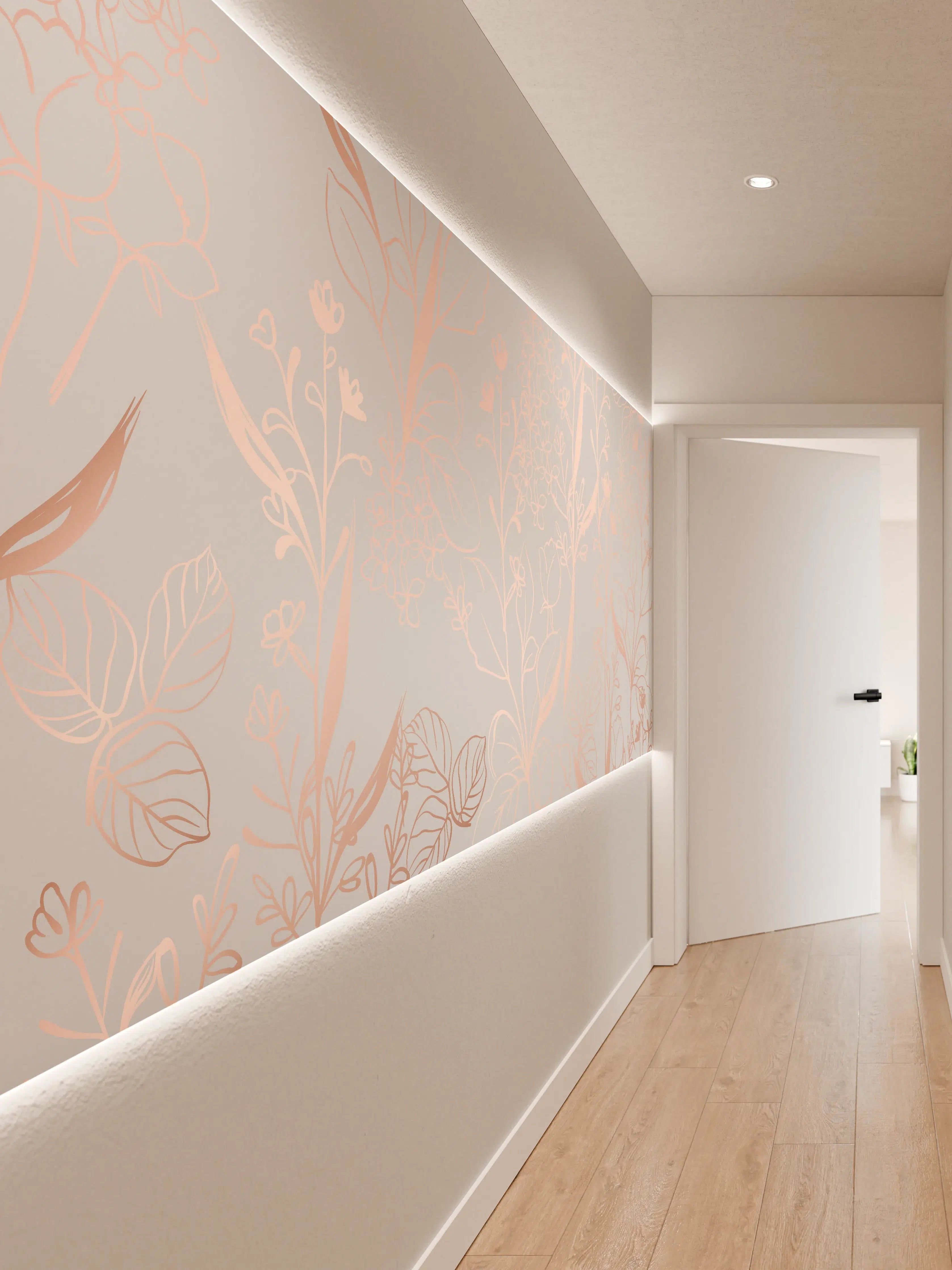 Wandverkleidung Flur - Zarte Blütenillustration Beige-Rosa