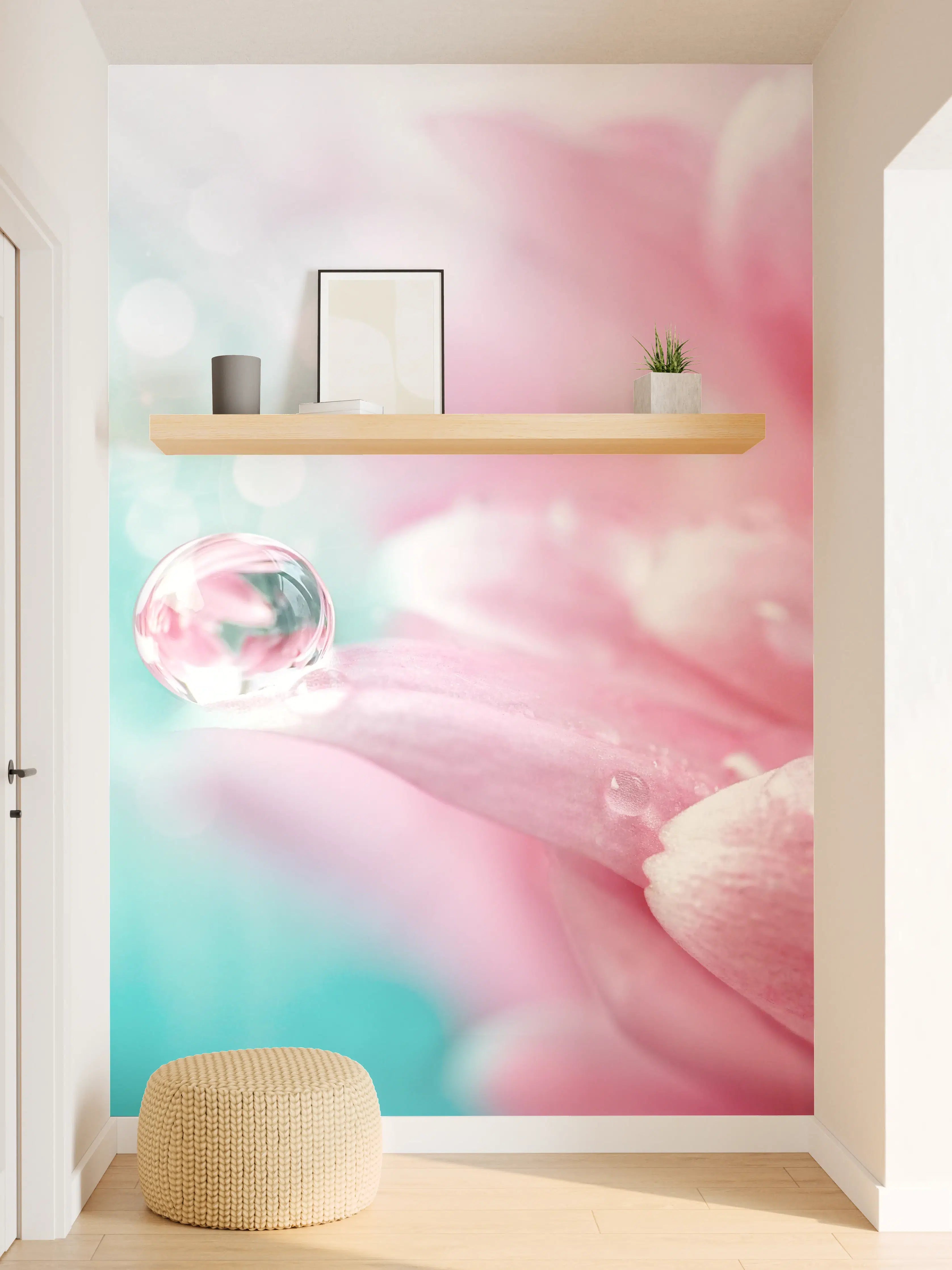 Wandverkleidung Flur - Zarte Blumen- und Wasserreflexionen auf Pastell-Hintergrund