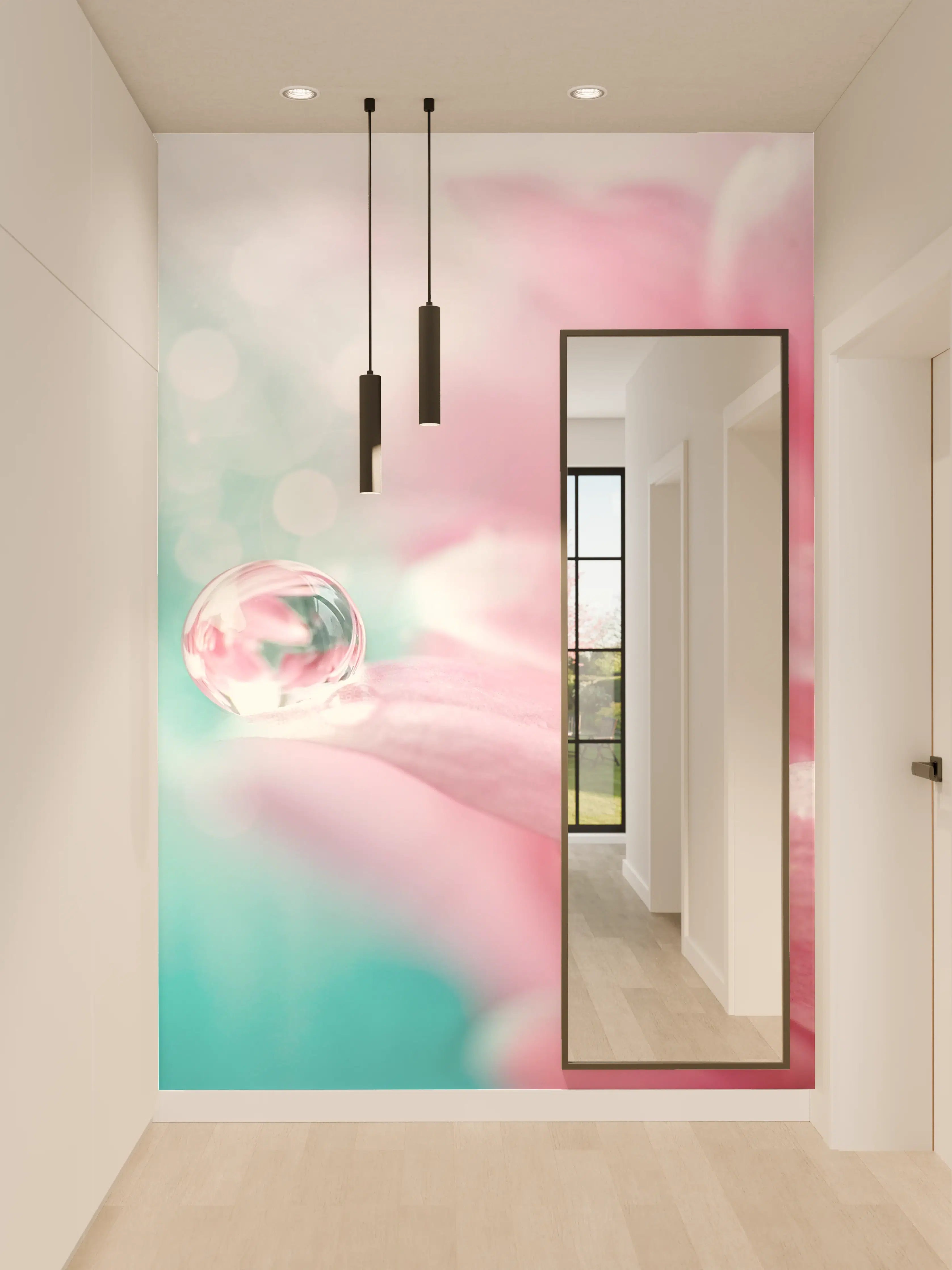 Wandverkleidung Flur - Zarte Blumen- und Wasserreflexionen auf Pastell-Hintergrund