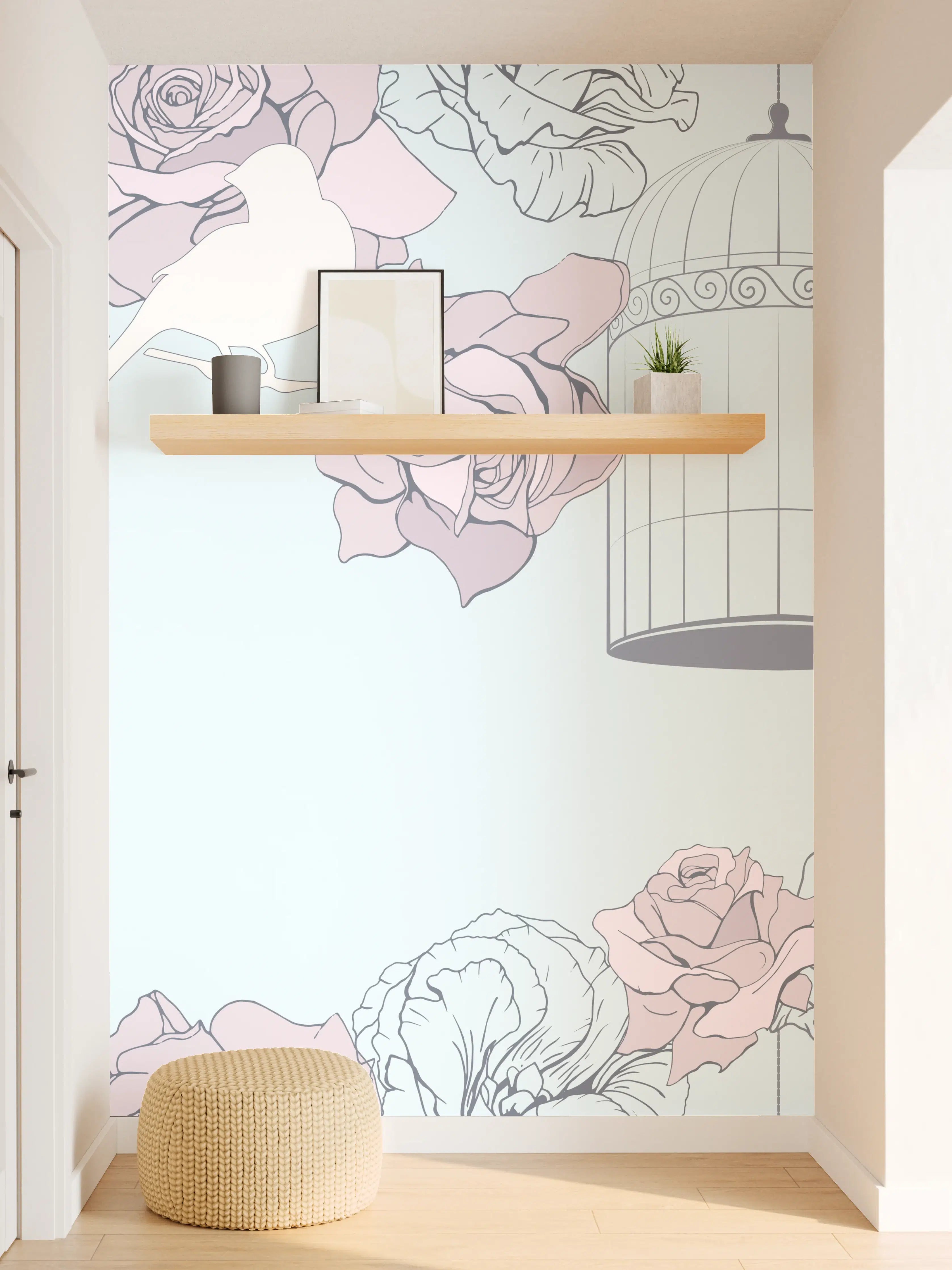 Wandverkleidung Flur - Zarte Blumen und fliegende Vögel im pastellfarbenen Design