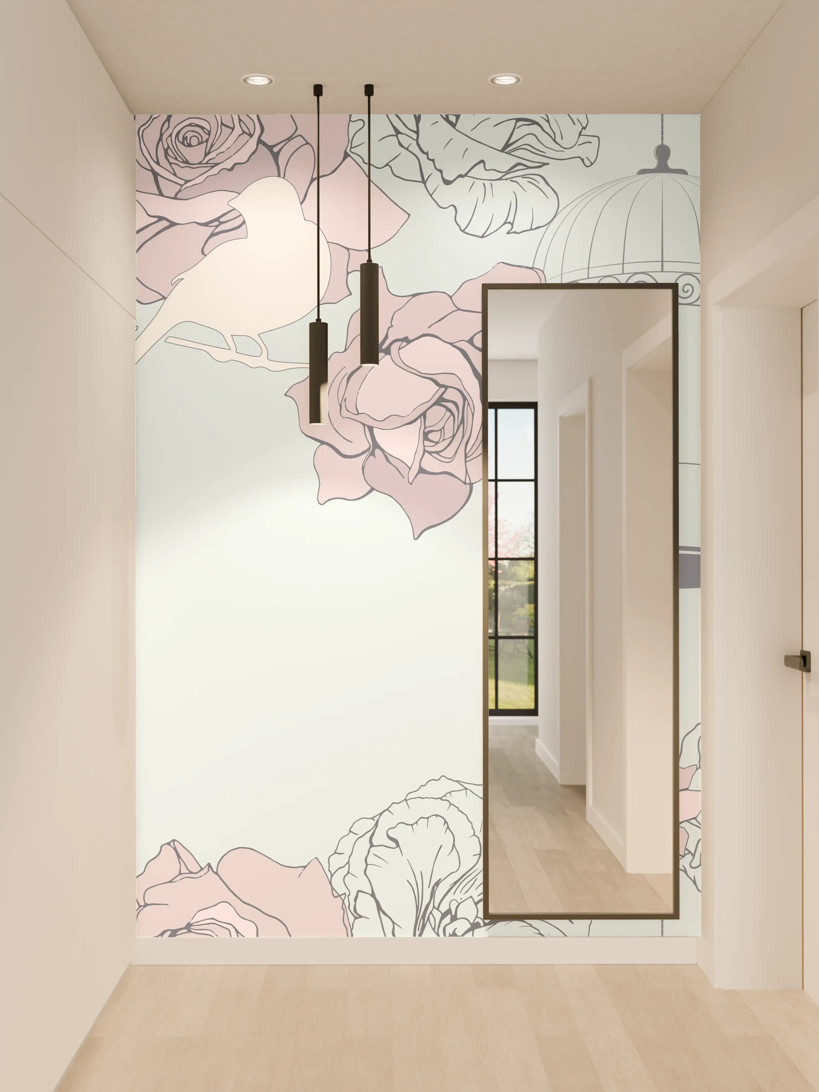 Wandverkleidung Flur - Zarte Blumen und fliegende Vögel im pastellfarbenen Design