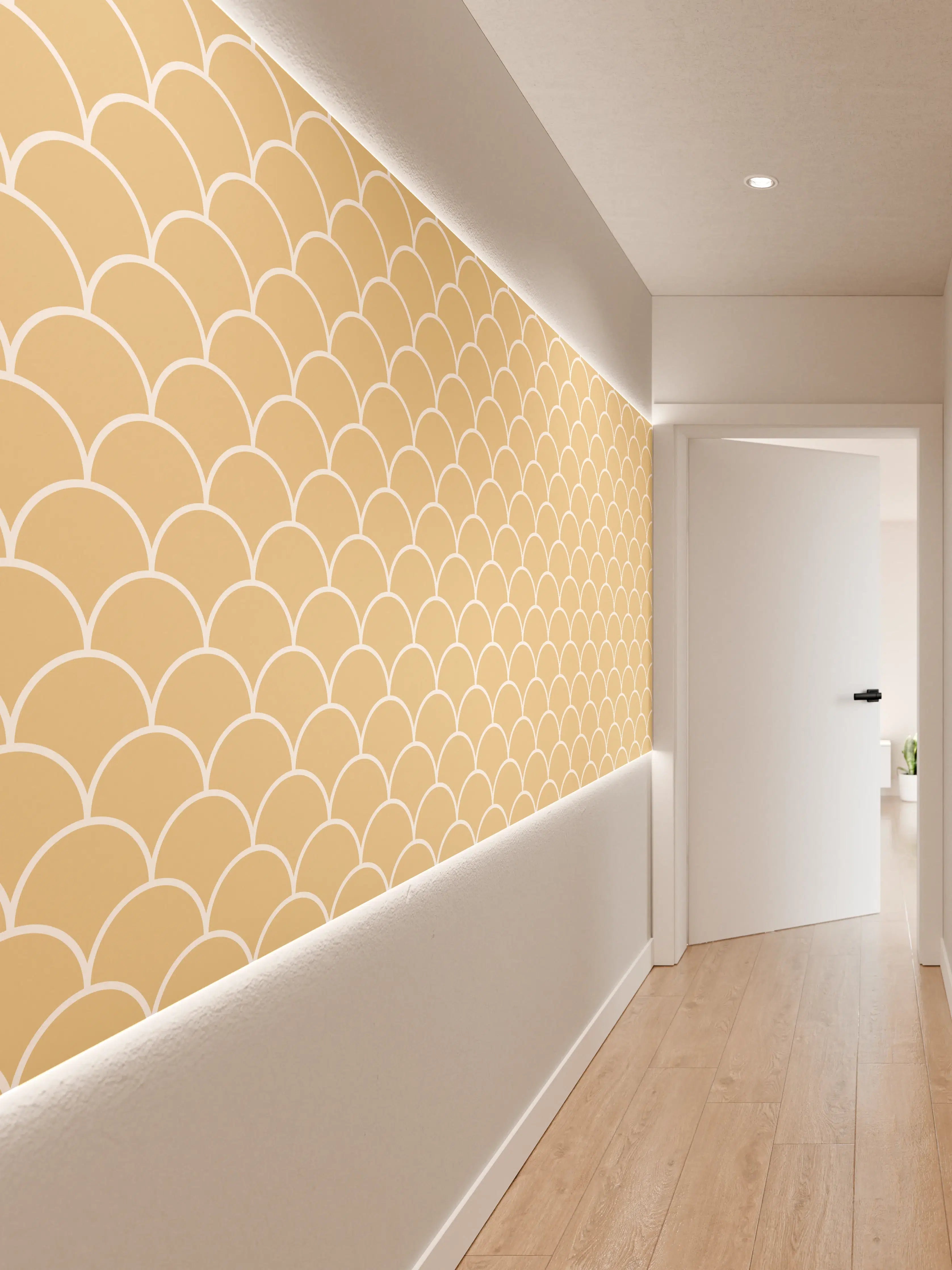 Wandverkleidung Flur - Zarte Mustertapete in Beige mit Schuppenmuster