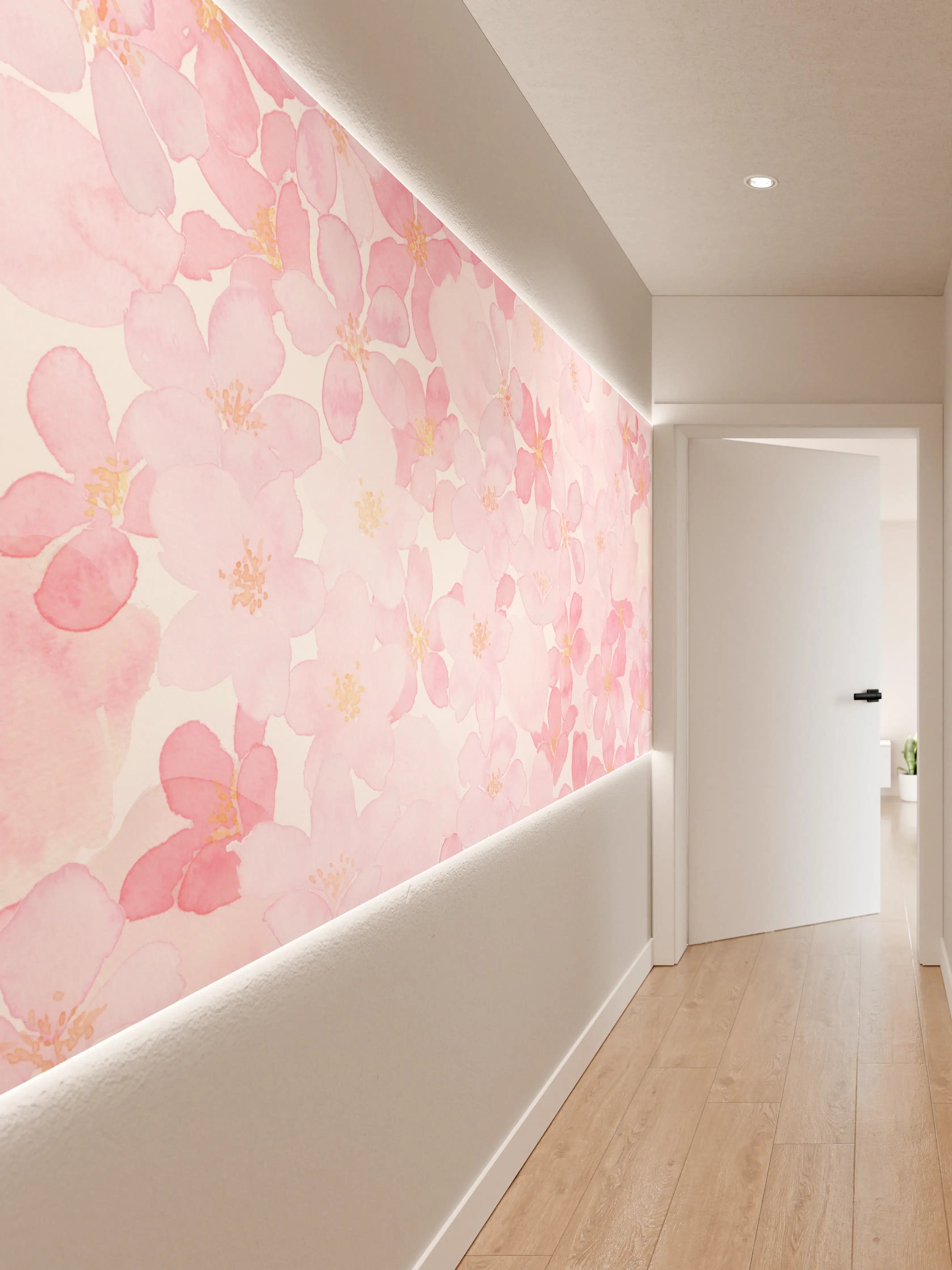 Wandverkleidung Flur - Zarte pinke Blüten im Wasserfarben-Look