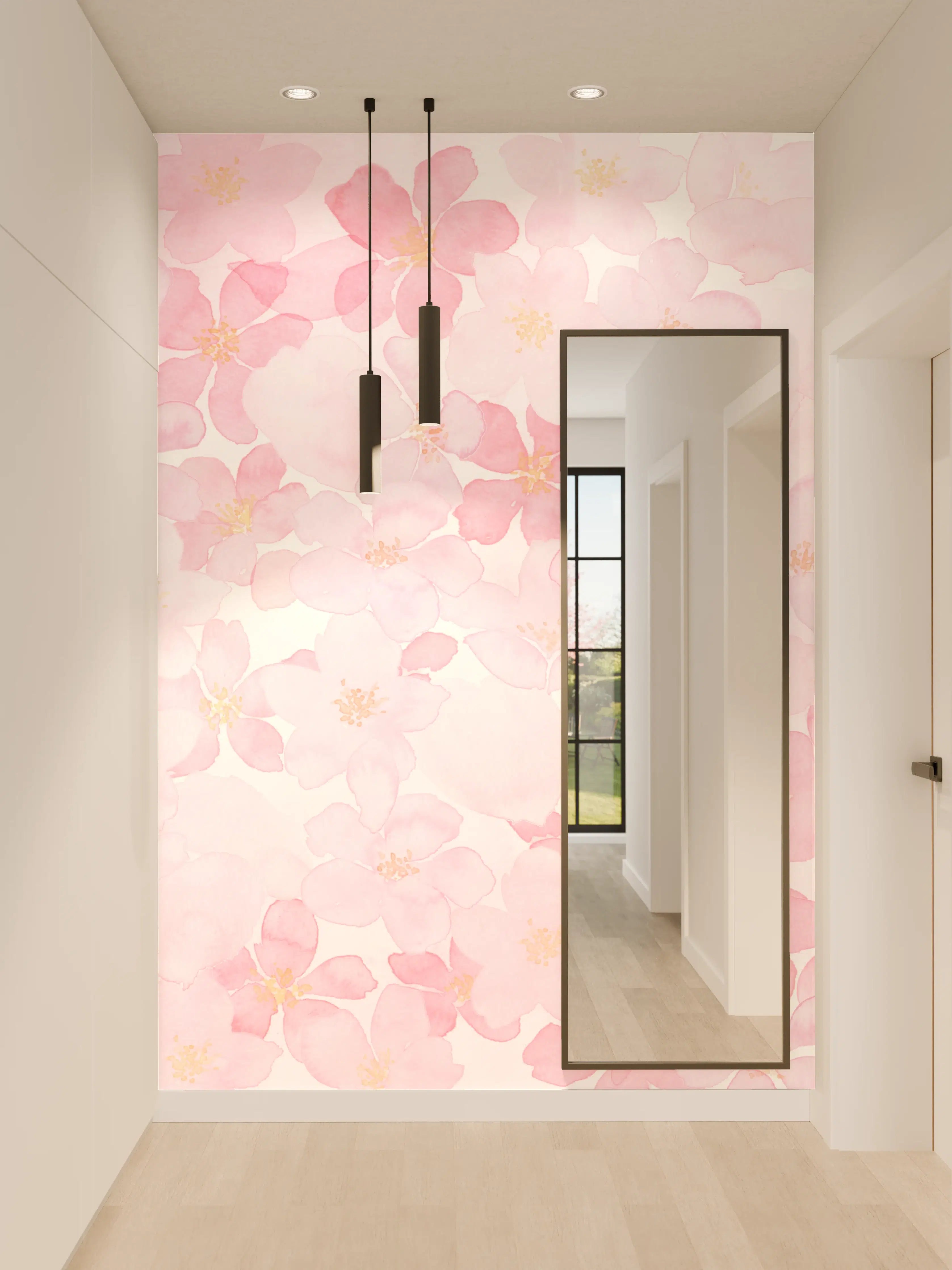 Wandverkleidung Flur - Zarte pinke Blüten im Wasserfarben-Look