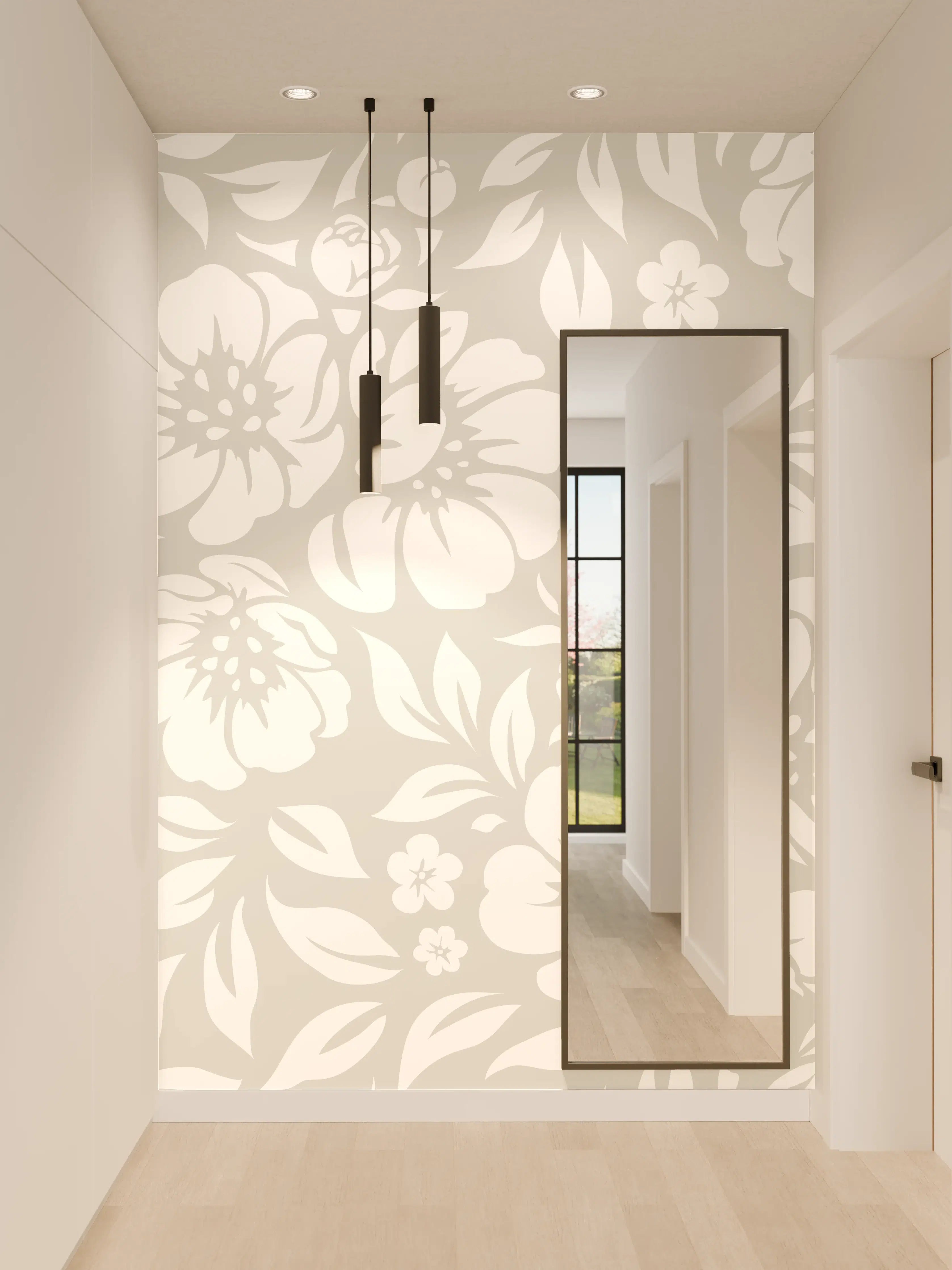 Wandverkleidung Flur - Zartes Grauflieder-Blumenmuster in Beige