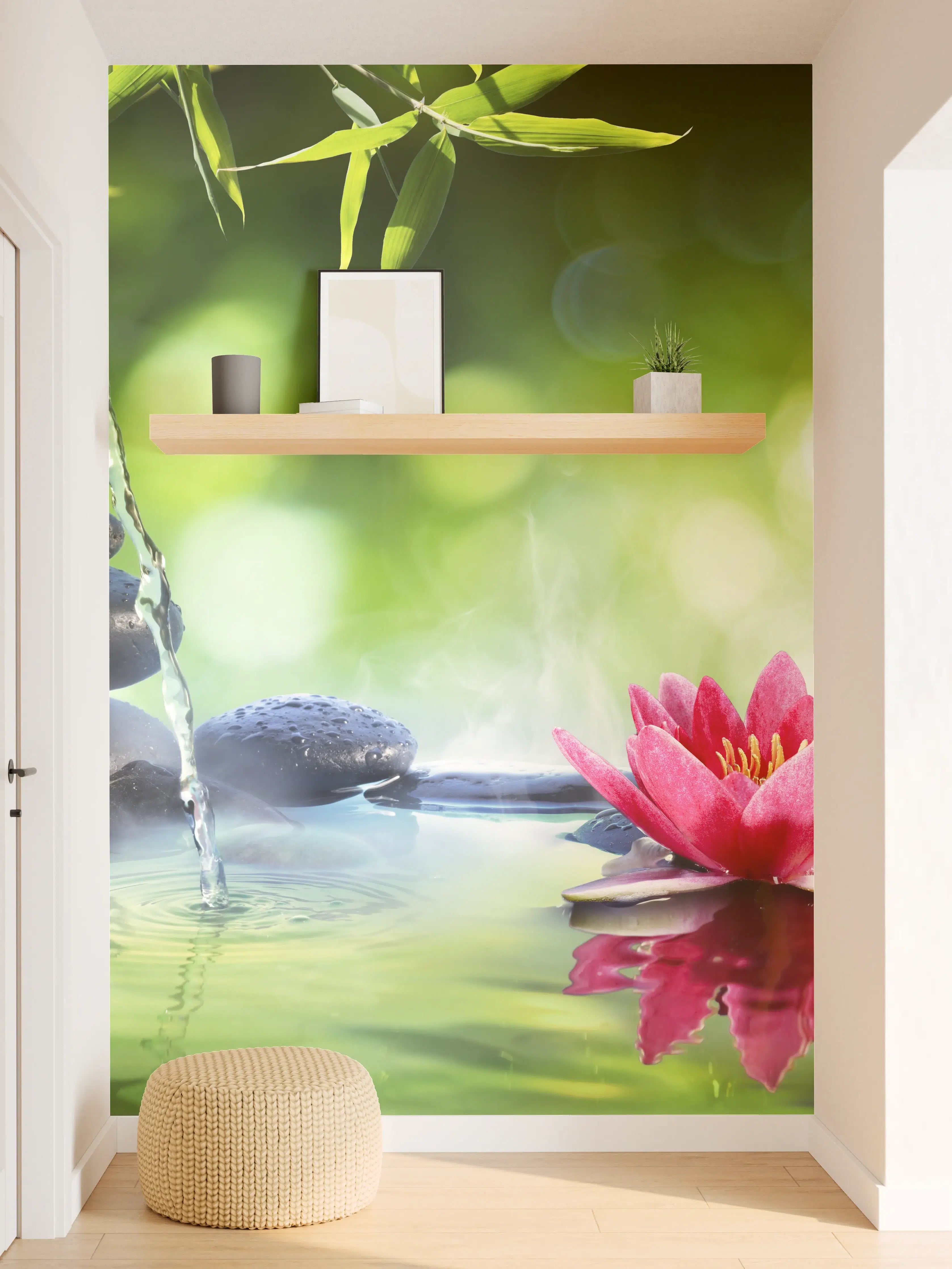Wandverkleidung Flur - Zen Wasserfall mit Lotusblüte