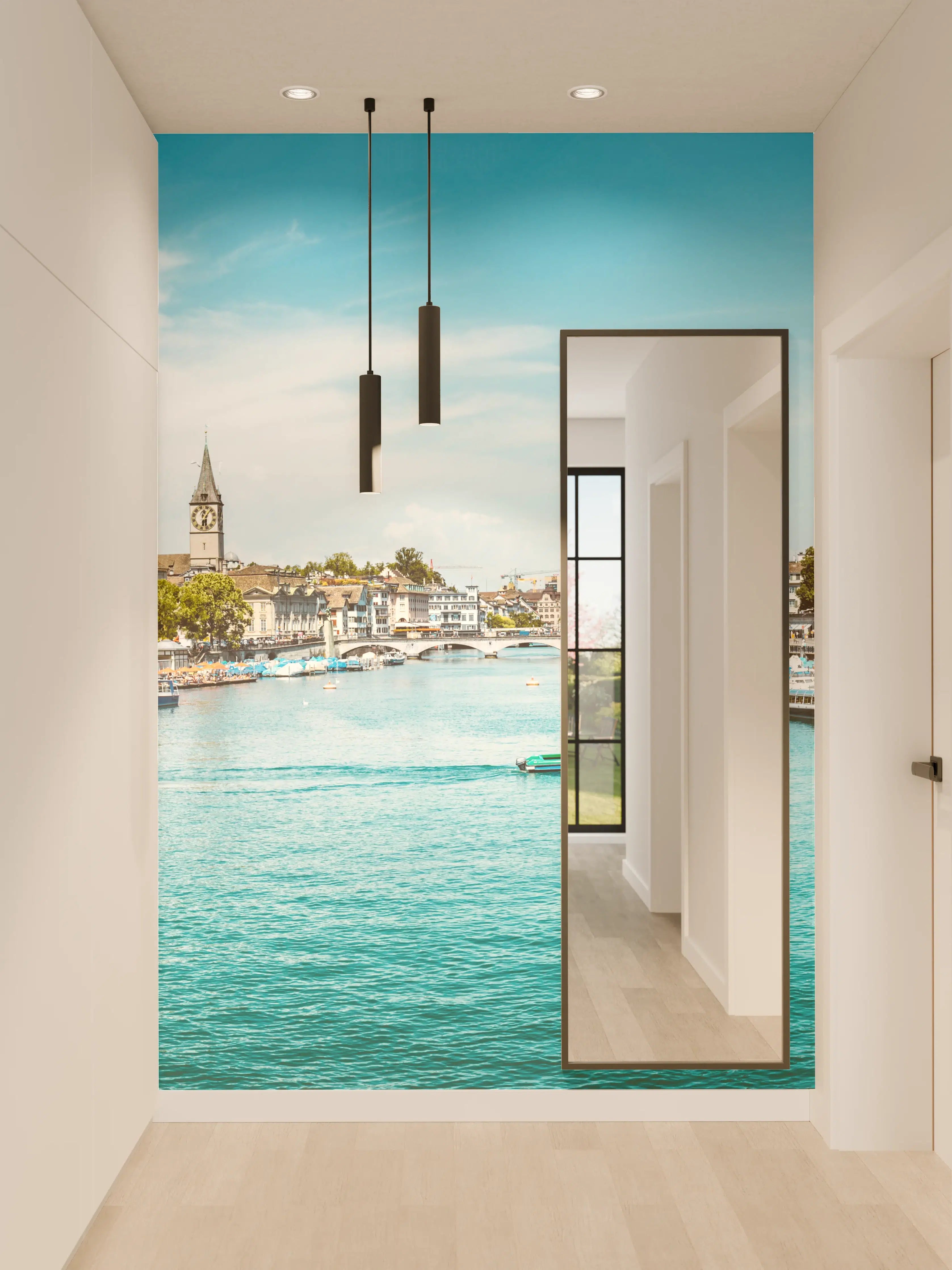 Wandverkleidung Flur - Zürich Skyline Panorama mit Fluss Limmat